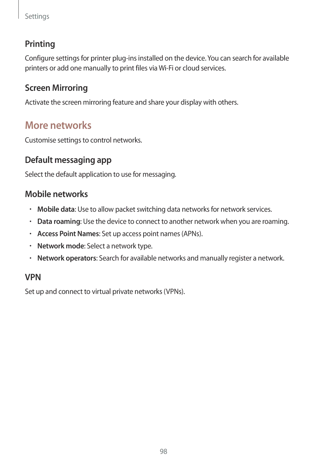 Samsung GT-I9195ZWIORX, GT-I9195ZKIATO More networks, Printing, Screen Mirroring, Default messaging app, Mobile networks 