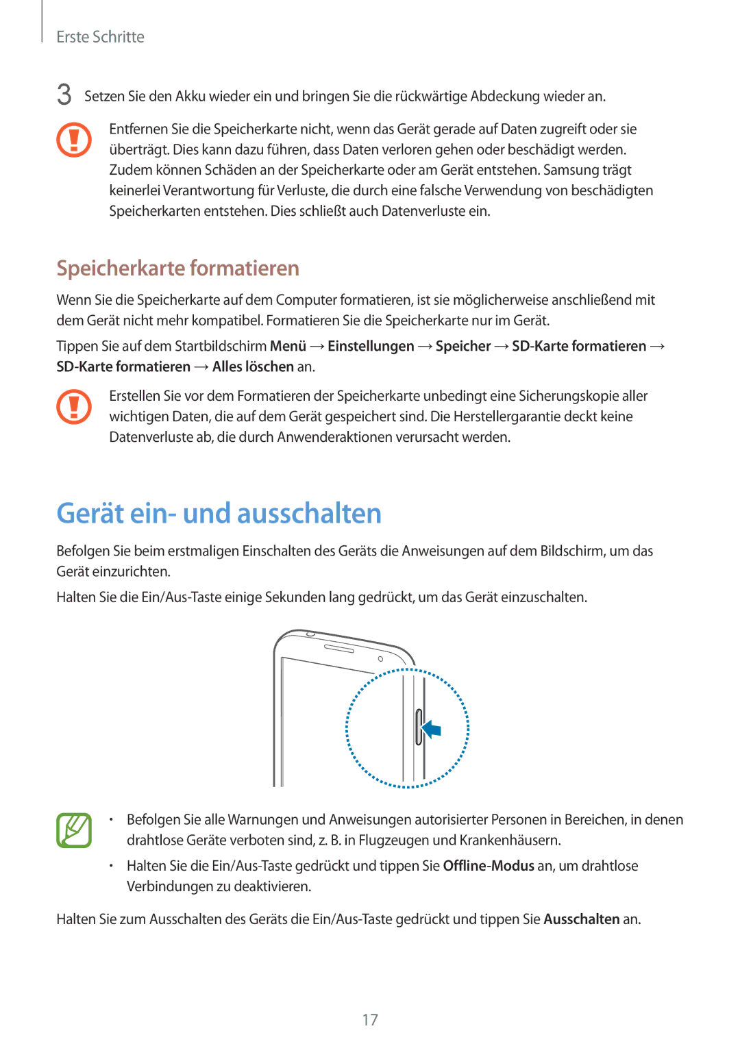 Samsung GT-I9195DKIDBT, GT-I9195ZKIATO, GT-I9195ZWIDBT, GT-I9195ZWIVGR Gerät ein- und ausschalten, Speicherkarte formatieren 