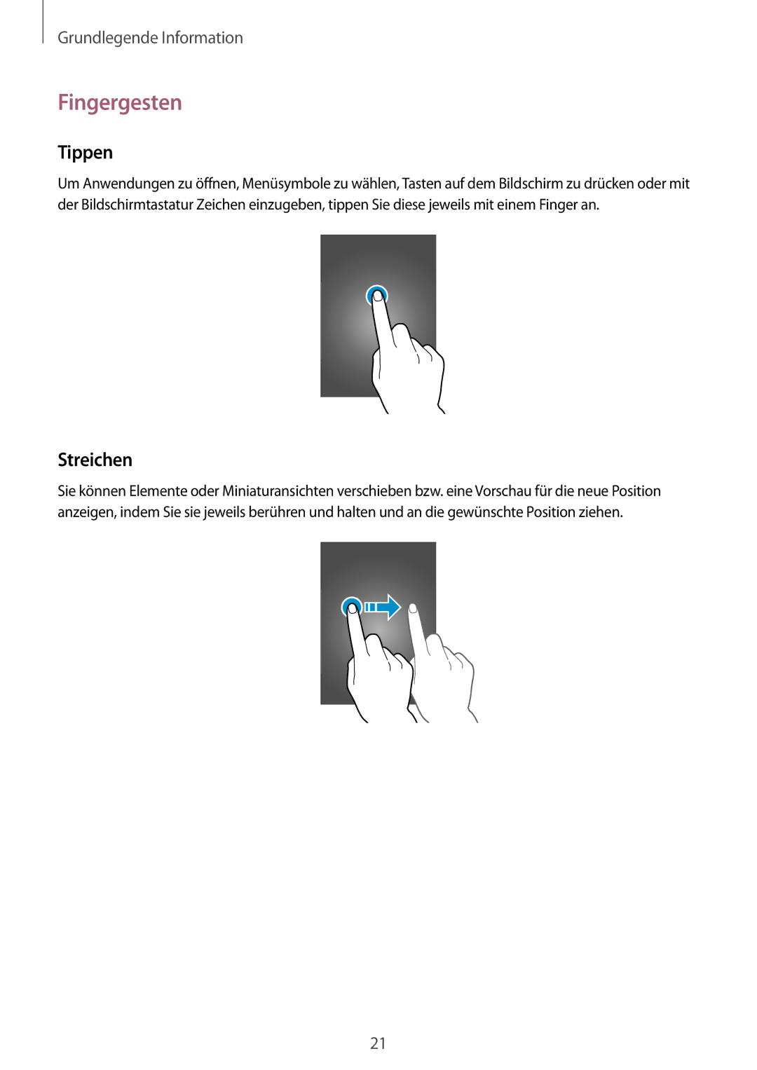 Samsung GT-I9195DKITCL, GT-I9195ZKIATO, GT-I9195DKIDBT, GT-I9195ZWIDBT, GT-I9195ZWIVGR manual Fingergesten, Tippen, Streichen 