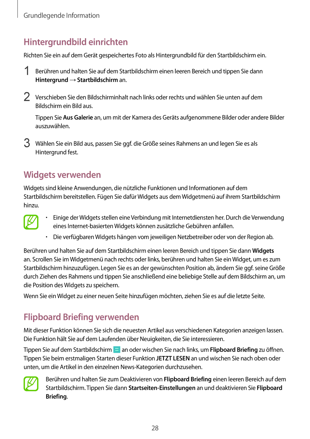Samsung GT-I9195ZKIDBT, GT-I9195ZKIATO manual Hintergrundbild einrichten, Widgets verwenden, Flipboard Briefing verwenden 