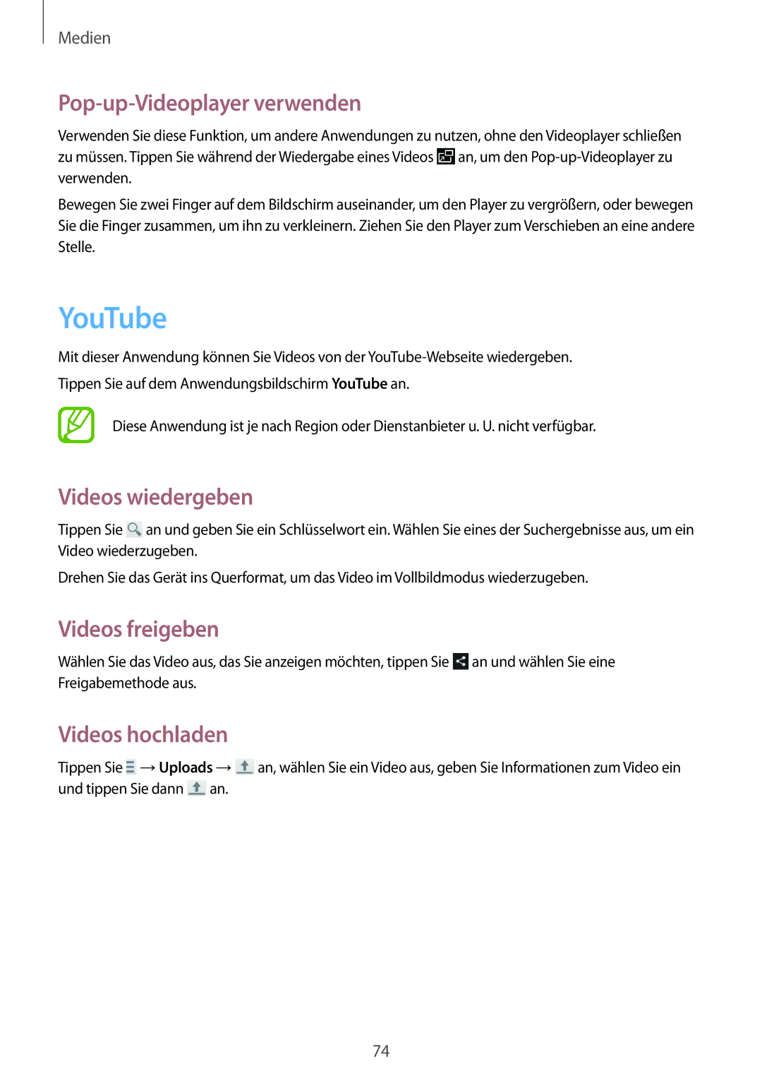 Samsung GT-I9195ZWIDBT, GT-I9195ZKIATO, GT-I9195DKIDBT manual YouTube, Pop-up-Videoplayer verwenden, Videos hochladen 