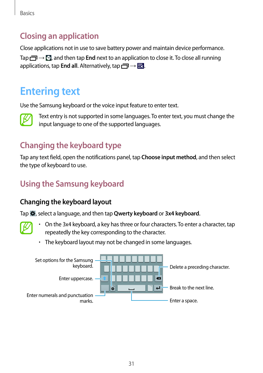 Samsung GT-I9195DKITCL manual Entering text, Closing an application, Changing the keyboard type, Using the Samsung keyboard 