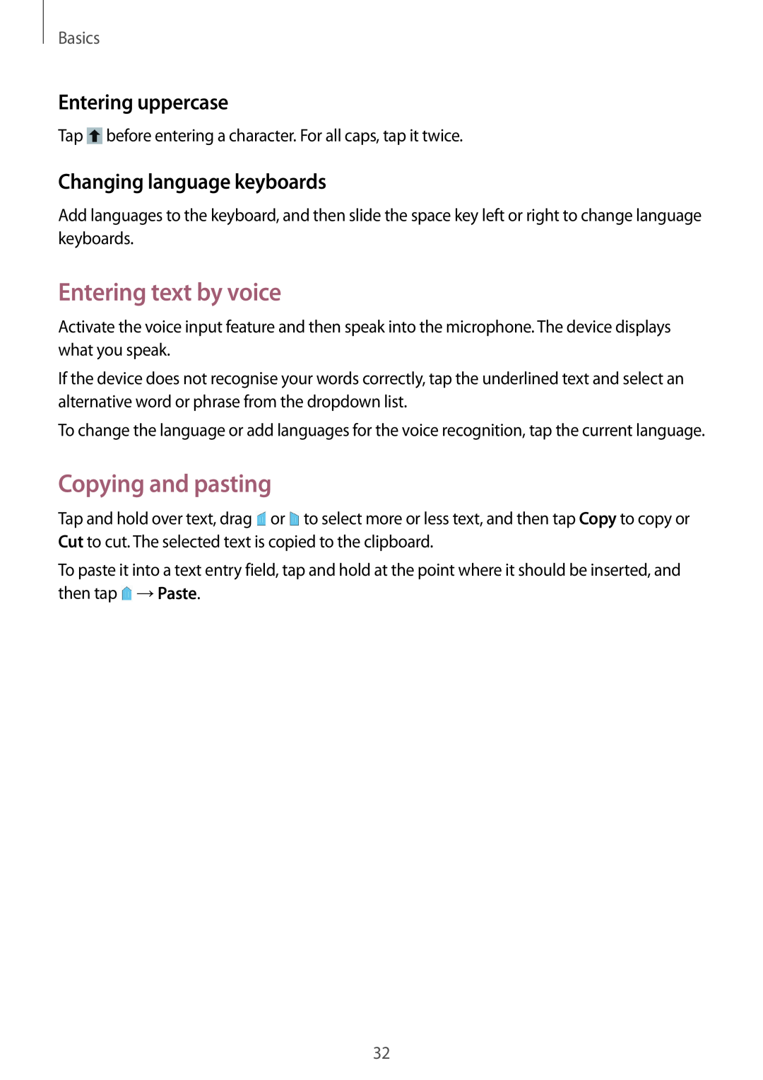 Samsung GT-I9195ZWIXEF manual Entering text by voice, Copying and pasting, Entering uppercase, Changing language keyboards 
