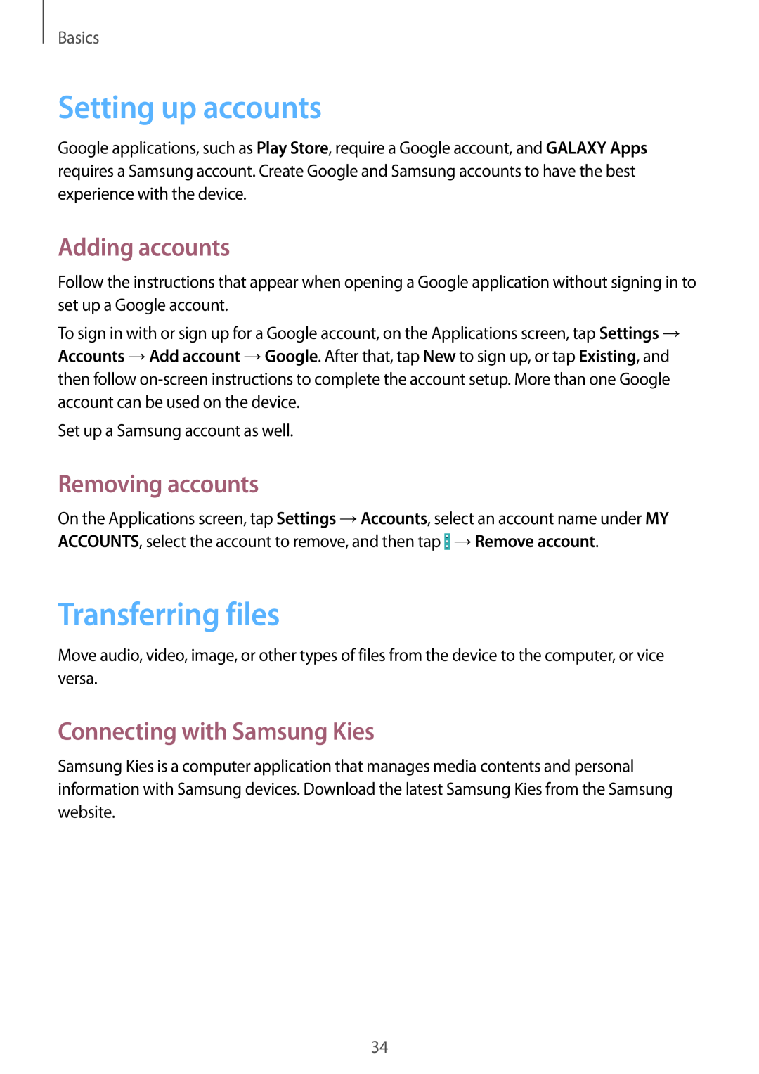 Samsung GT-I9195DKIXEF, GT-I9195ZKIATO Setting up accounts, Transferring files, Adding accounts, Removing accounts, Basics 