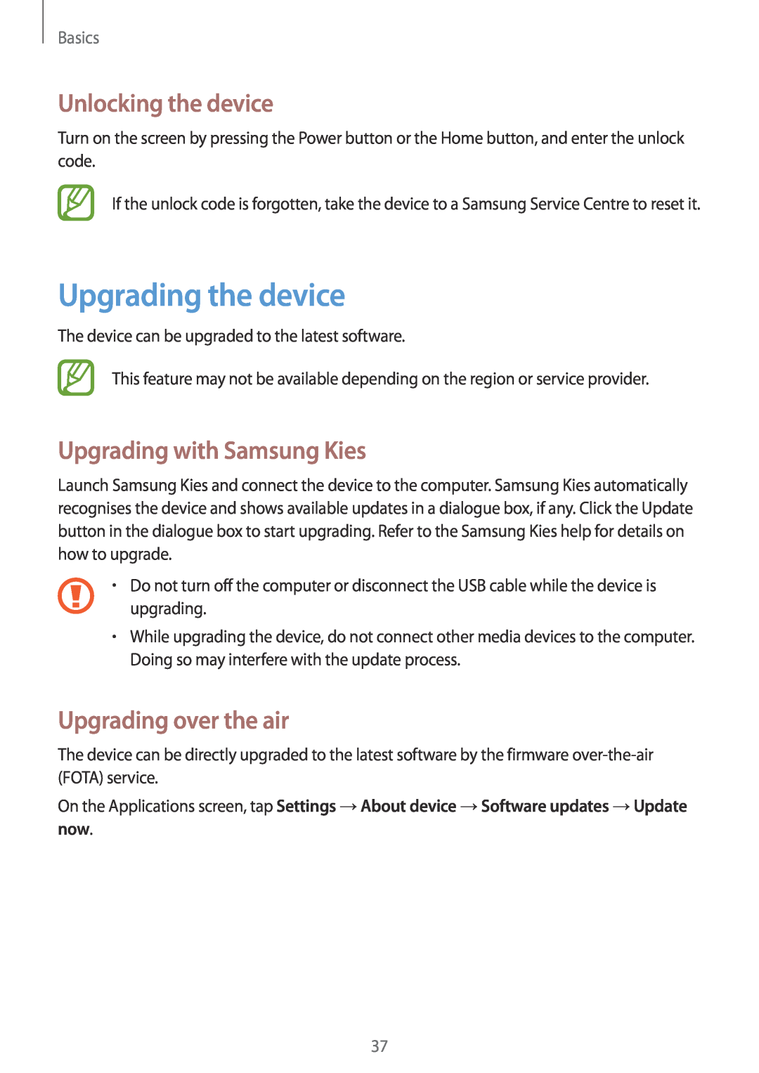 Samsung GT-I9195DKIXEH Upgrading the device, Unlocking the device, Upgrading with Samsung Kies, Upgrading over the air 