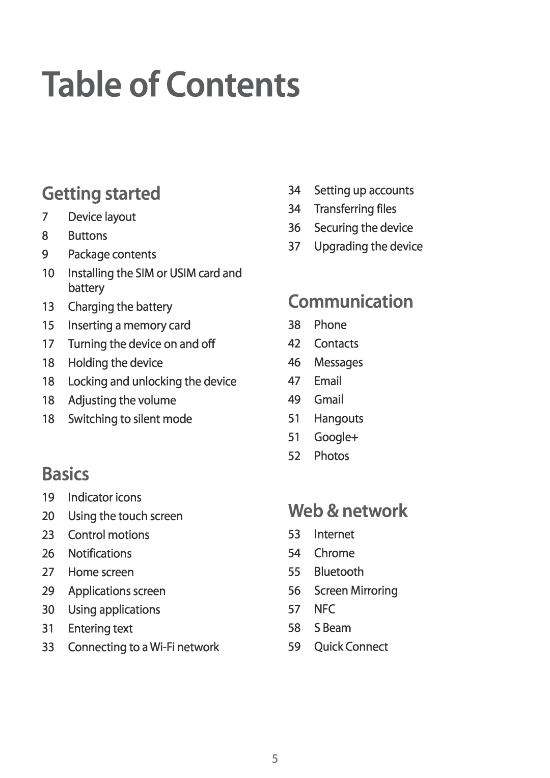 Samsung GT-I9195DKITCL, GT-I9195ZKIATO manual Table of Contents, Getting started, Basics, Communication, Web & network 