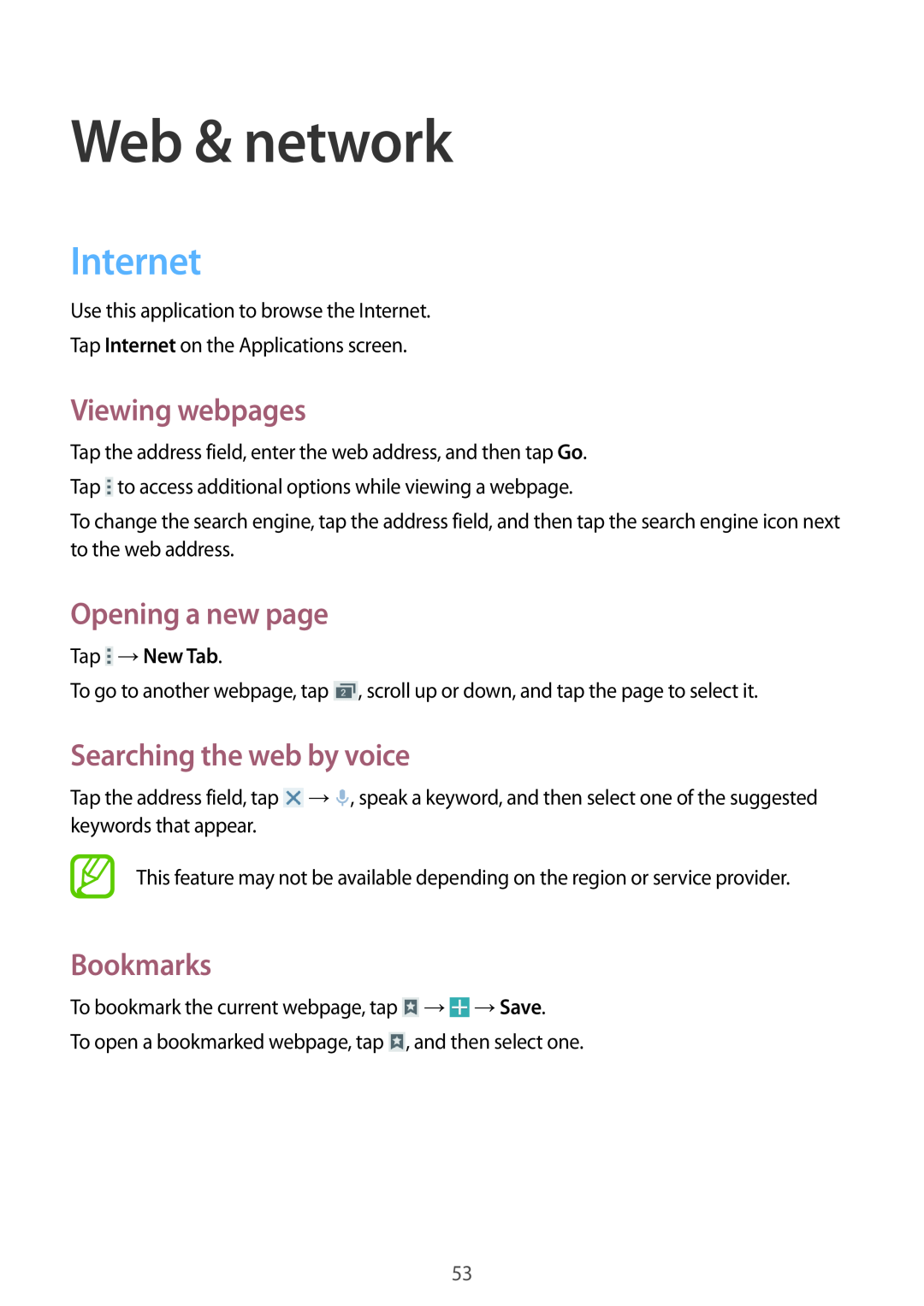 Samsung GT-I9195DKIDBT manual Web & network, Internet, Viewing webpages, Opening a new page, Searching the web by voice 