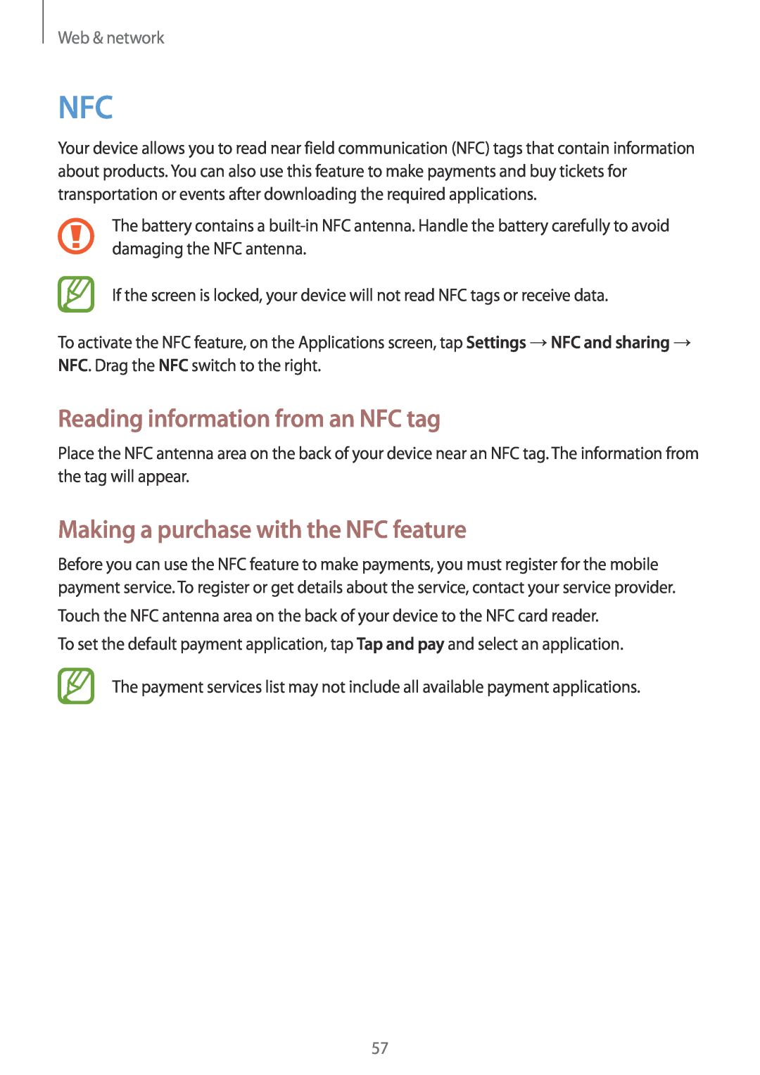 Samsung GT-I9195DKITCL manual Reading information from an NFC tag, Making a purchase with the NFC feature, Web & network 