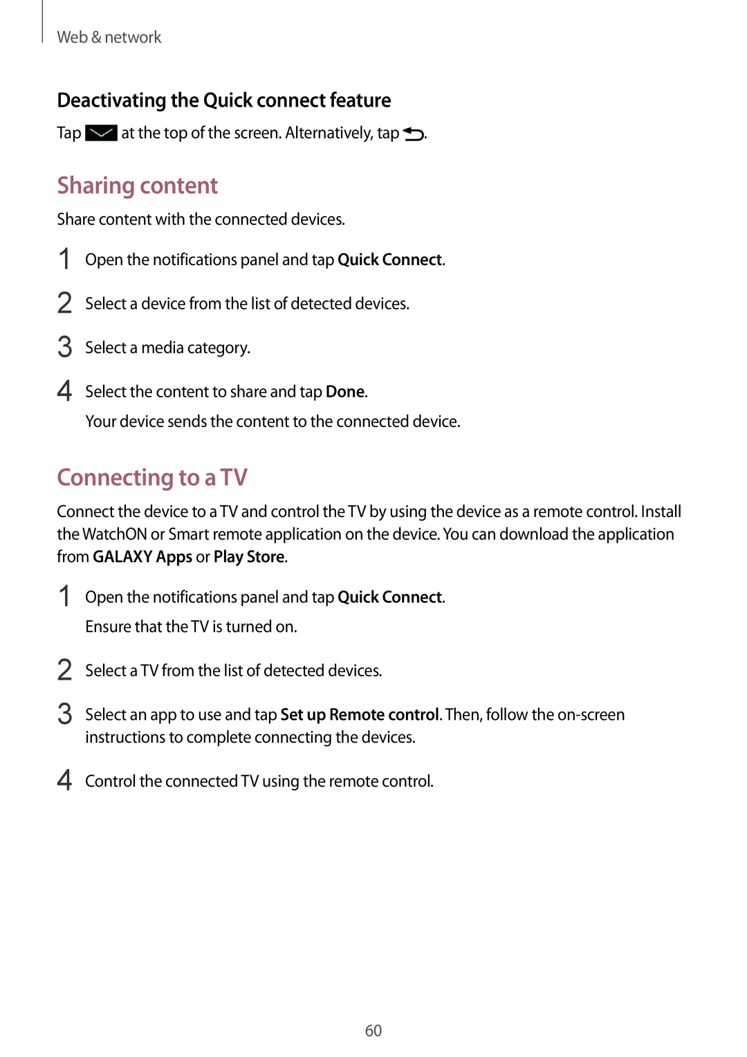 Samsung GT-I9195DKIXEF manual Sharing content, Connecting to a TV, Deactivating the Quick connect feature, Web & network 