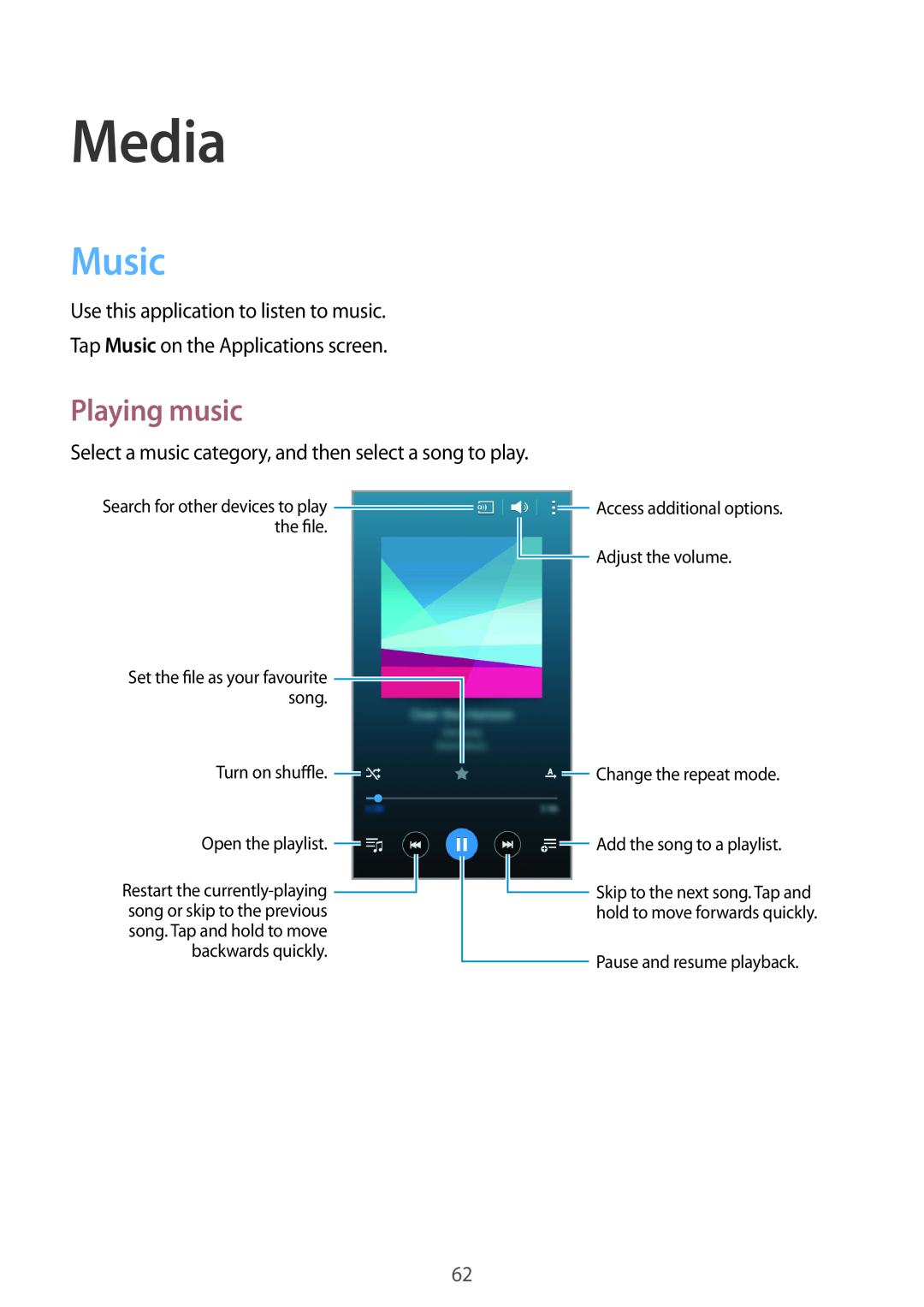Samsung GT-I9195ZWIETL Media, Music, Playing music, the le, Adjust the volume, song, Turn on shu e, Change the repeat mode 