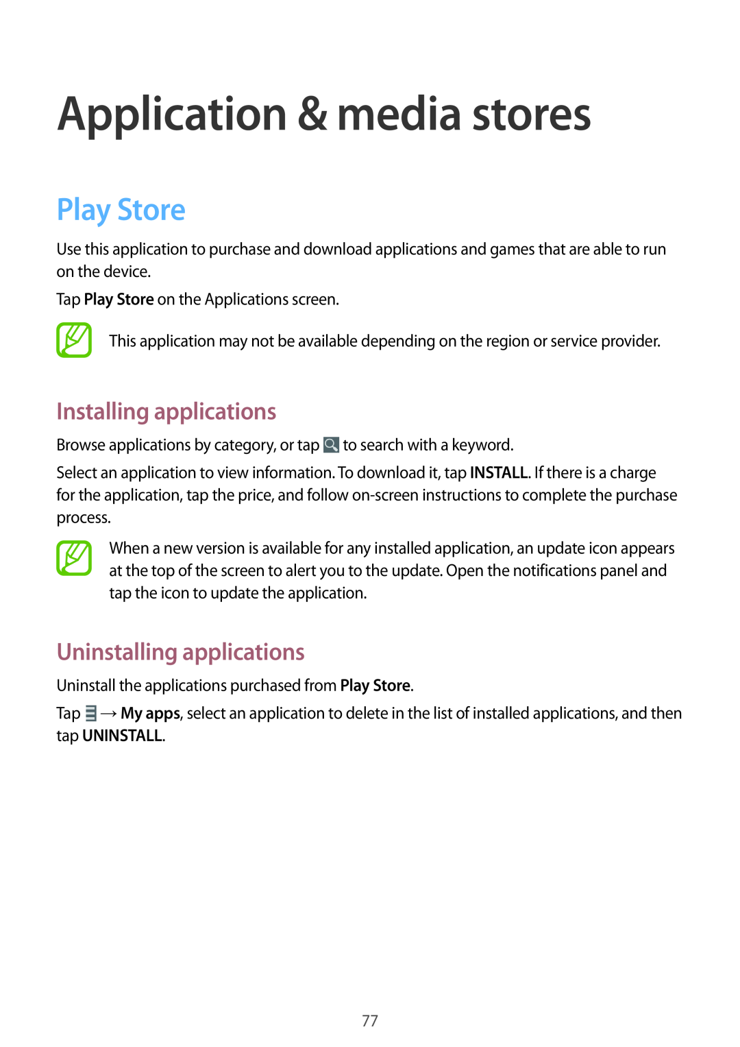 Samsung GT-I9195DKISEB manual Application & media stores, Play Store, Installing applications, Uninstalling applications 