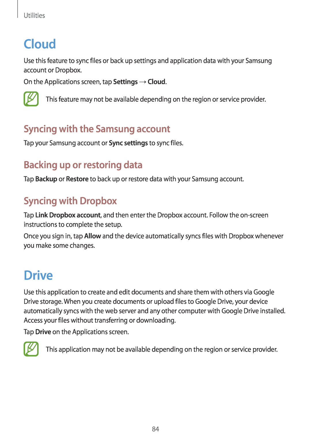 Samsung GT-I9195ZWIXEF Cloud, Drive, Syncing with the Samsung account, Backing up or restoring data, Syncing with Dropbox 