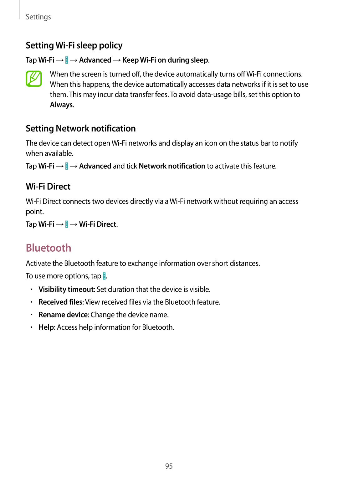 Samsung GT-I9195DKIORX manual Bluetooth, Setting Wi-Fi sleep policy, Setting Network notification, Wi-Fi Direct, Settings 