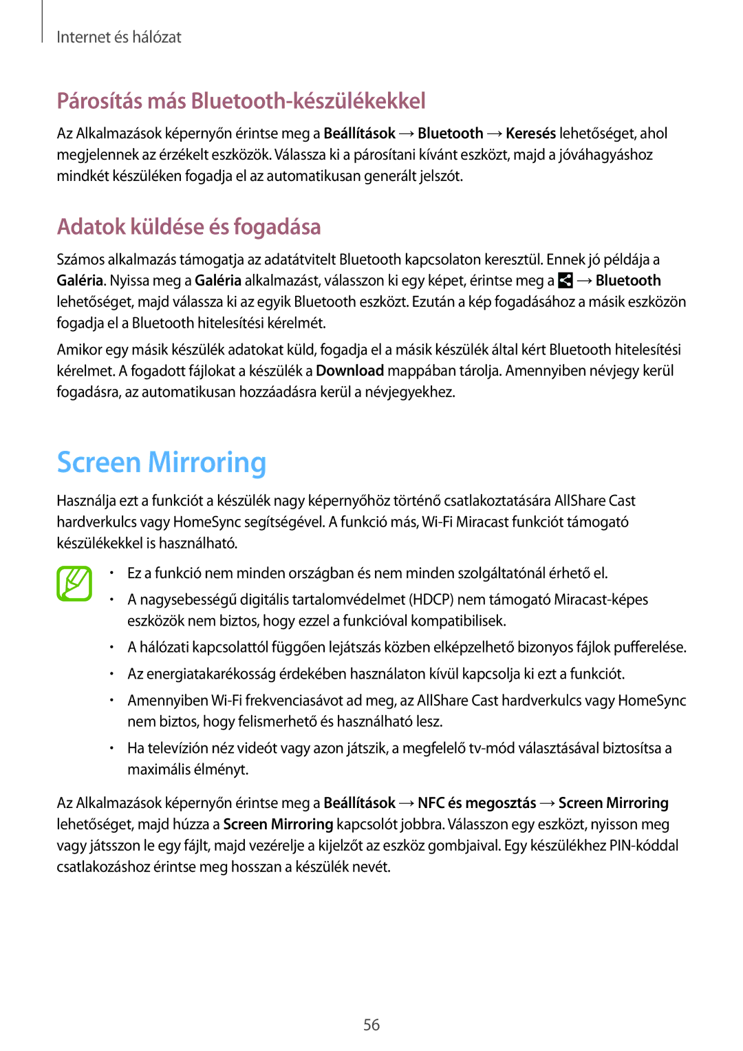 Samsung GT-I9195ZWIXEH, GT-I9195ZKIATO Screen Mirroring, Párosítás más Bluetooth-készülékekkel, Adatok küldése és fogadása 