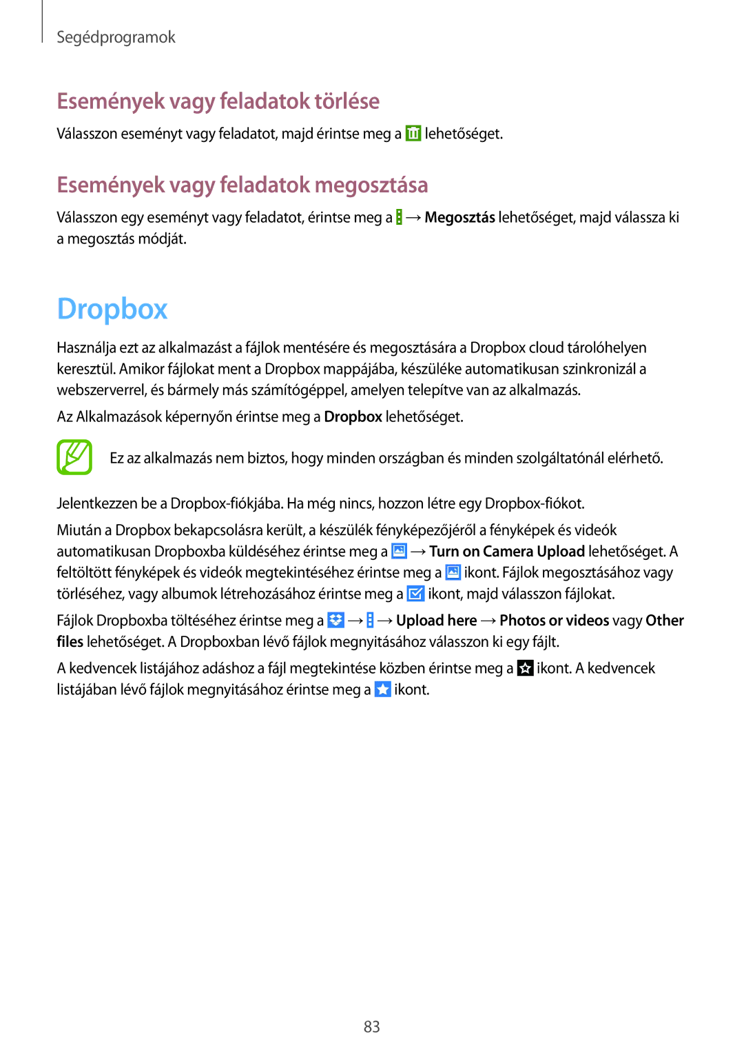 Samsung GT-I9195ZKIORX, GT-I9195ZKIATO manual Dropbox, Események vagy feladatok törlése, Események vagy feladatok megosztása 