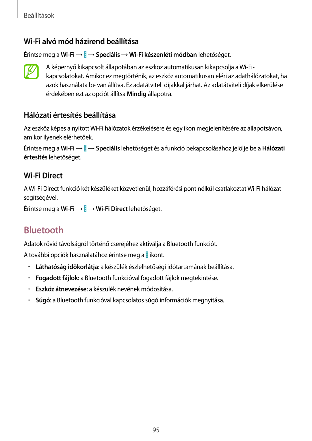 Samsung GT-I9195ZWIXEH manual Bluetooth, Wi-Fi alvó mód házirend beállítása, Hálózati értesítés beállítása, Wi-Fi Direct 