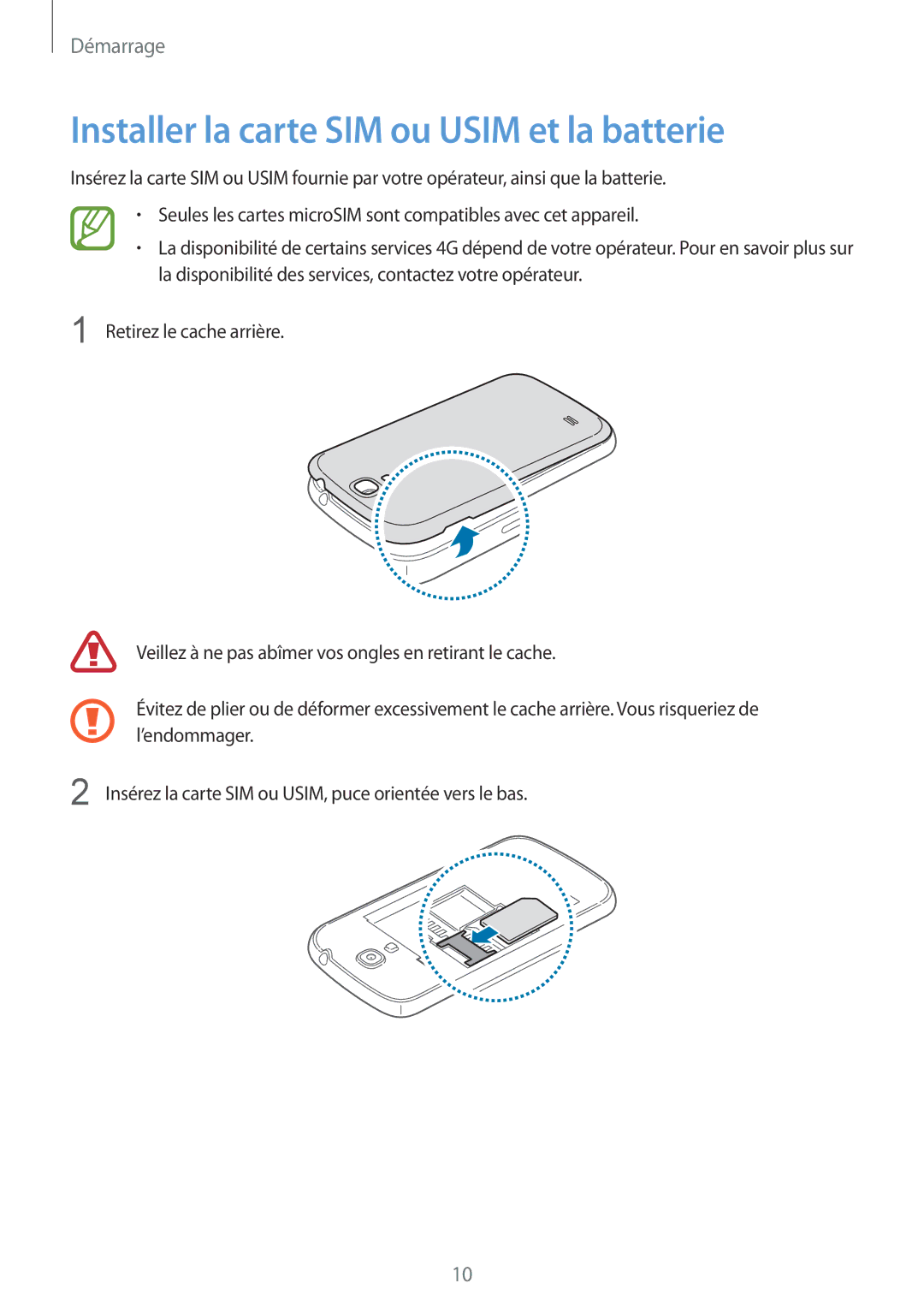 Samsung GT-I9195DKYXEF, GT-I9195ZRZXEF, GT-I9195ZKASFR, GT-I9195ZKANRJ manual Installer la carte SIM ou Usim et la batterie 