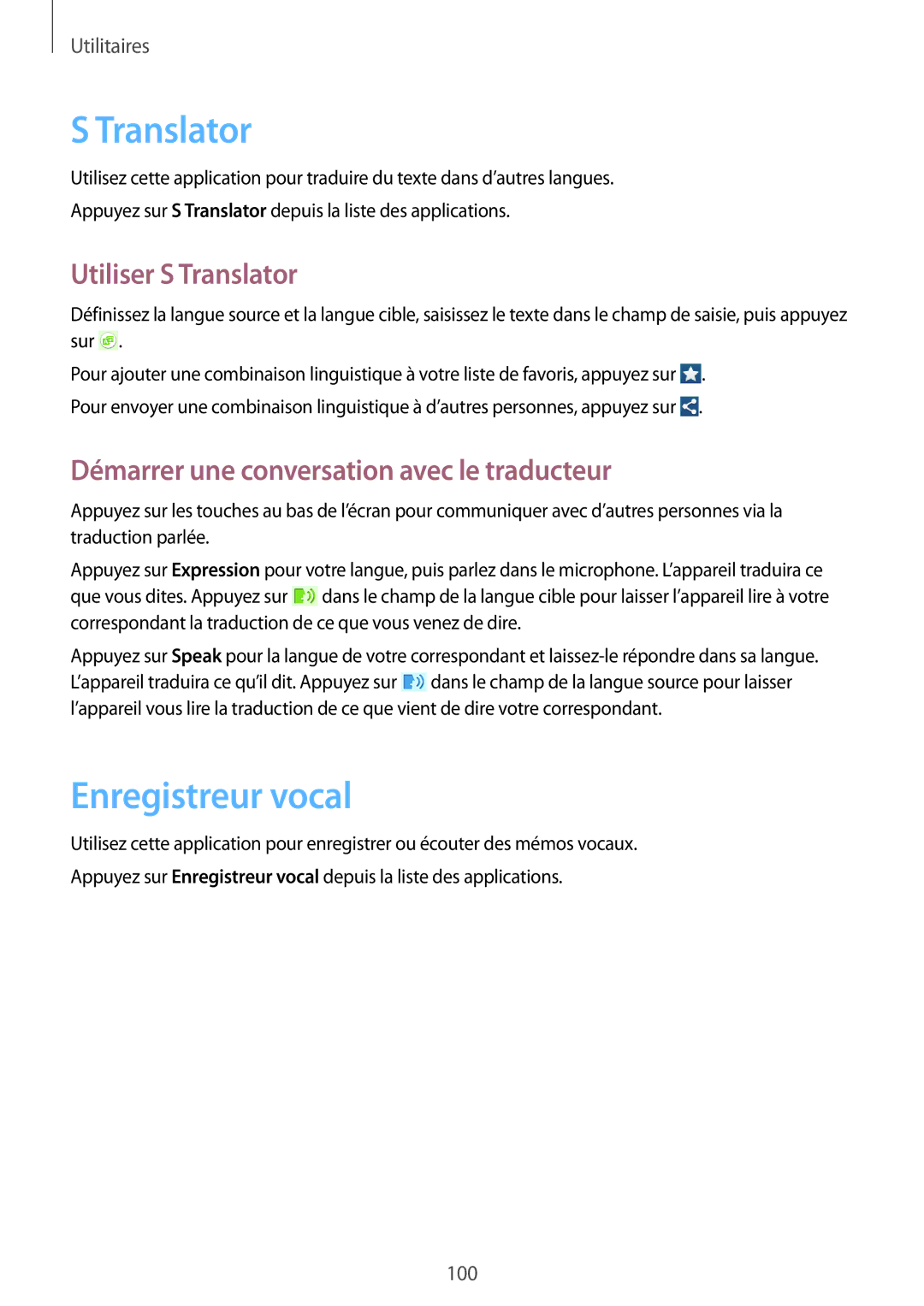 Samsung GT-I9195DKYXEF manual Enregistreur vocal, Utiliser S Translator, Démarrer une conversation avec le traducteur 