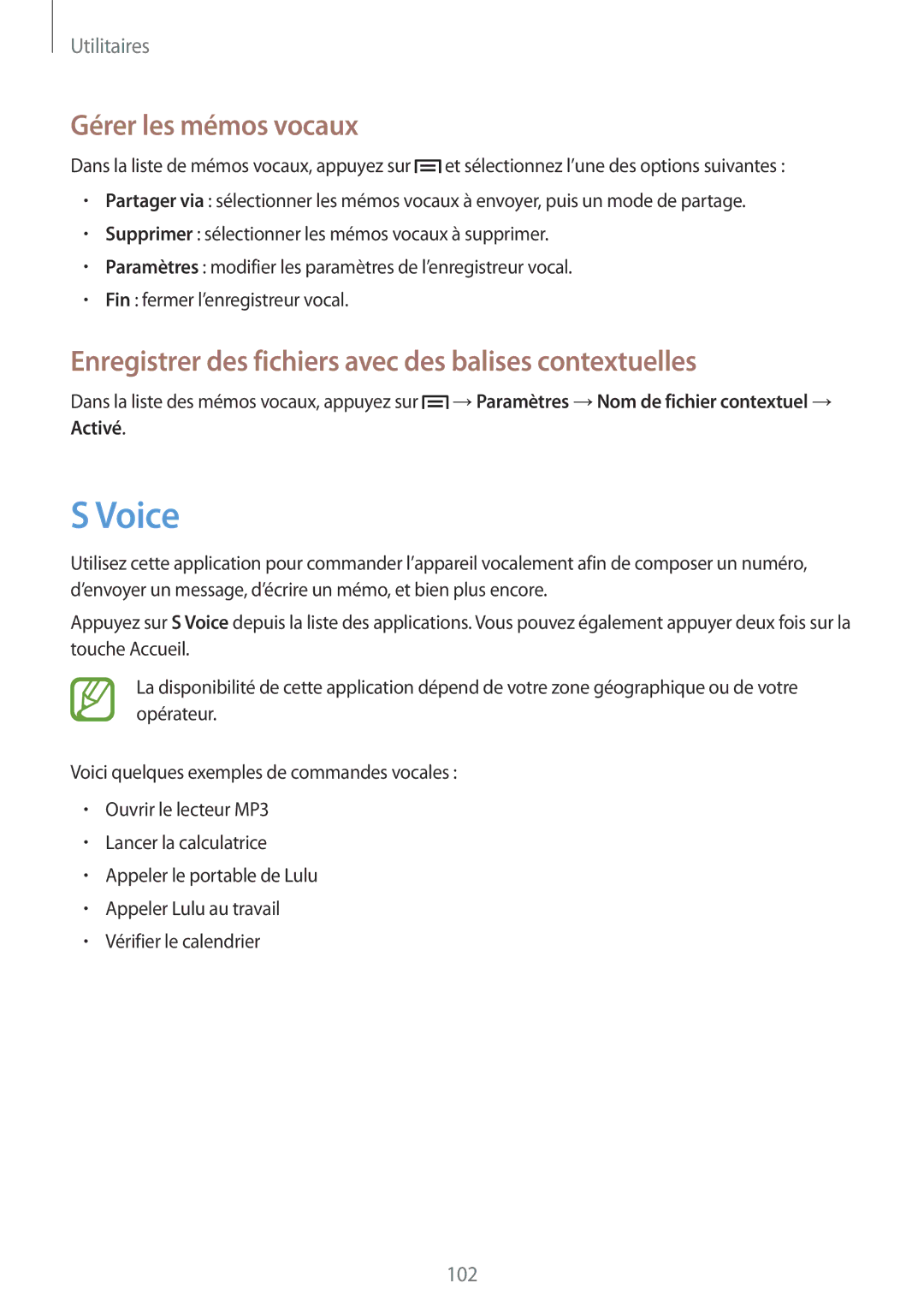 Samsung GT-I9195ZWANRJ manual Voice, Gérer les mémos vocaux, Enregistrer des fichiers avec des balises contextuelles 