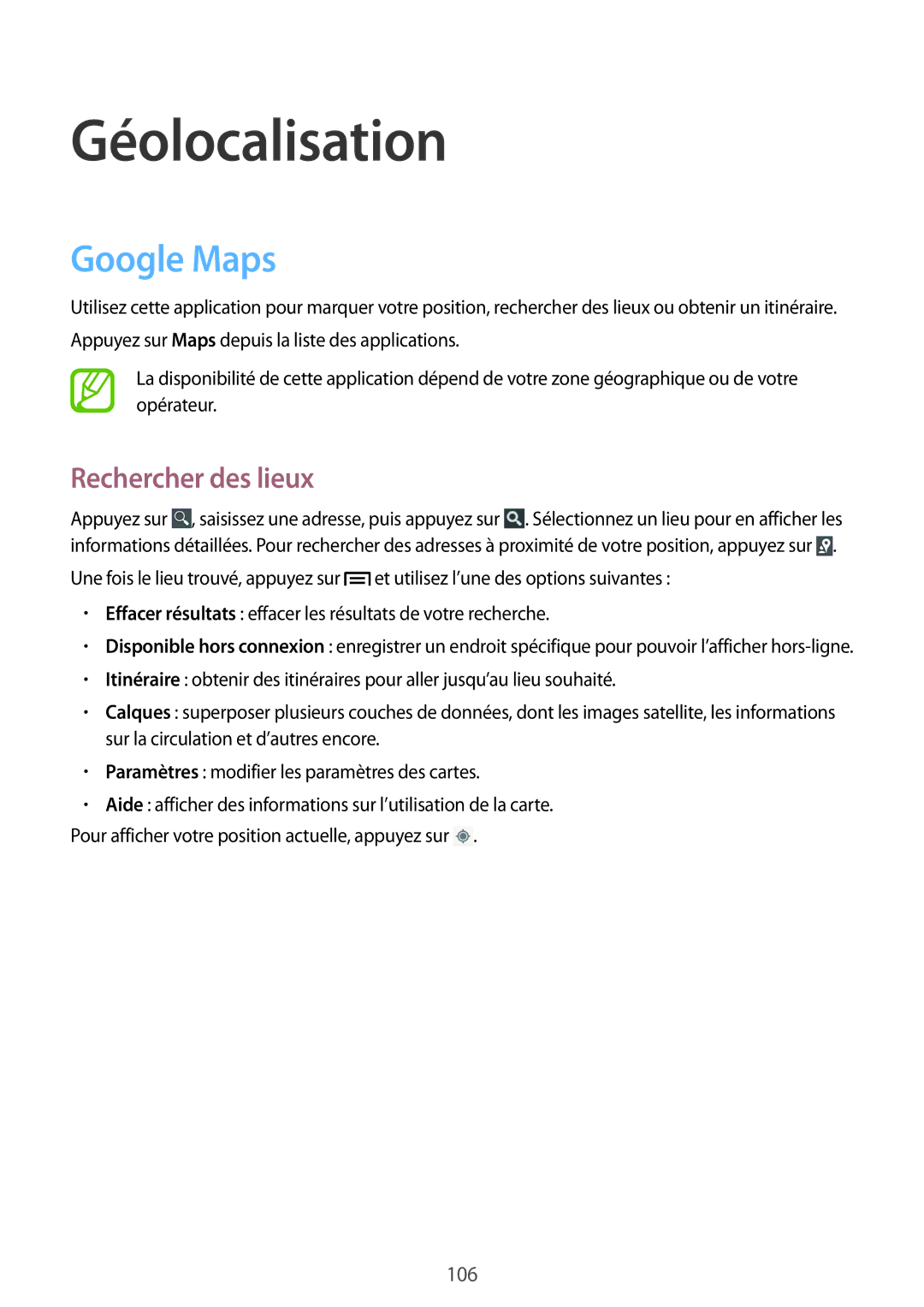 Samsung GT-I9195ZWAXEF, GT-I9195ZRZXEF, GT-I9195ZKASFR, GT-I9195ZKANRJ, GT-I9195ZWIXEF manual Google Maps, Rechercher des lieux 