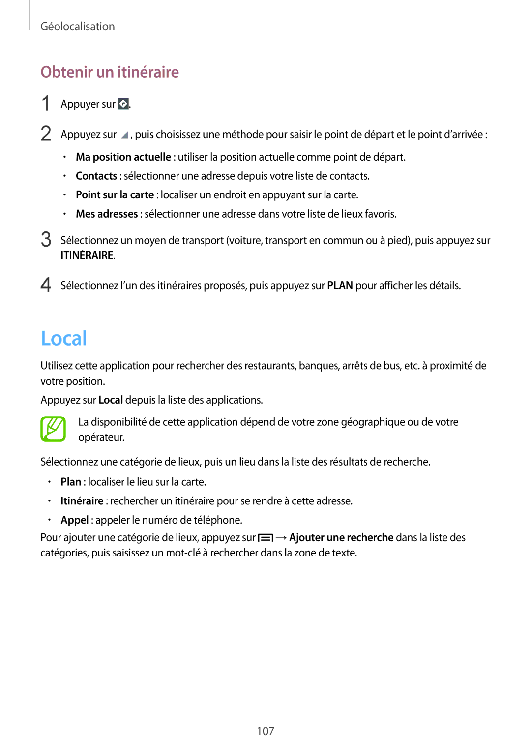 Samsung GT-I9195ZWABOG, GT-I9195ZRZXEF, GT-I9195ZKASFR, GT-I9195ZKANRJ, GT-I9195ZWIXEF manual Local, Obtenir un itinéraire 