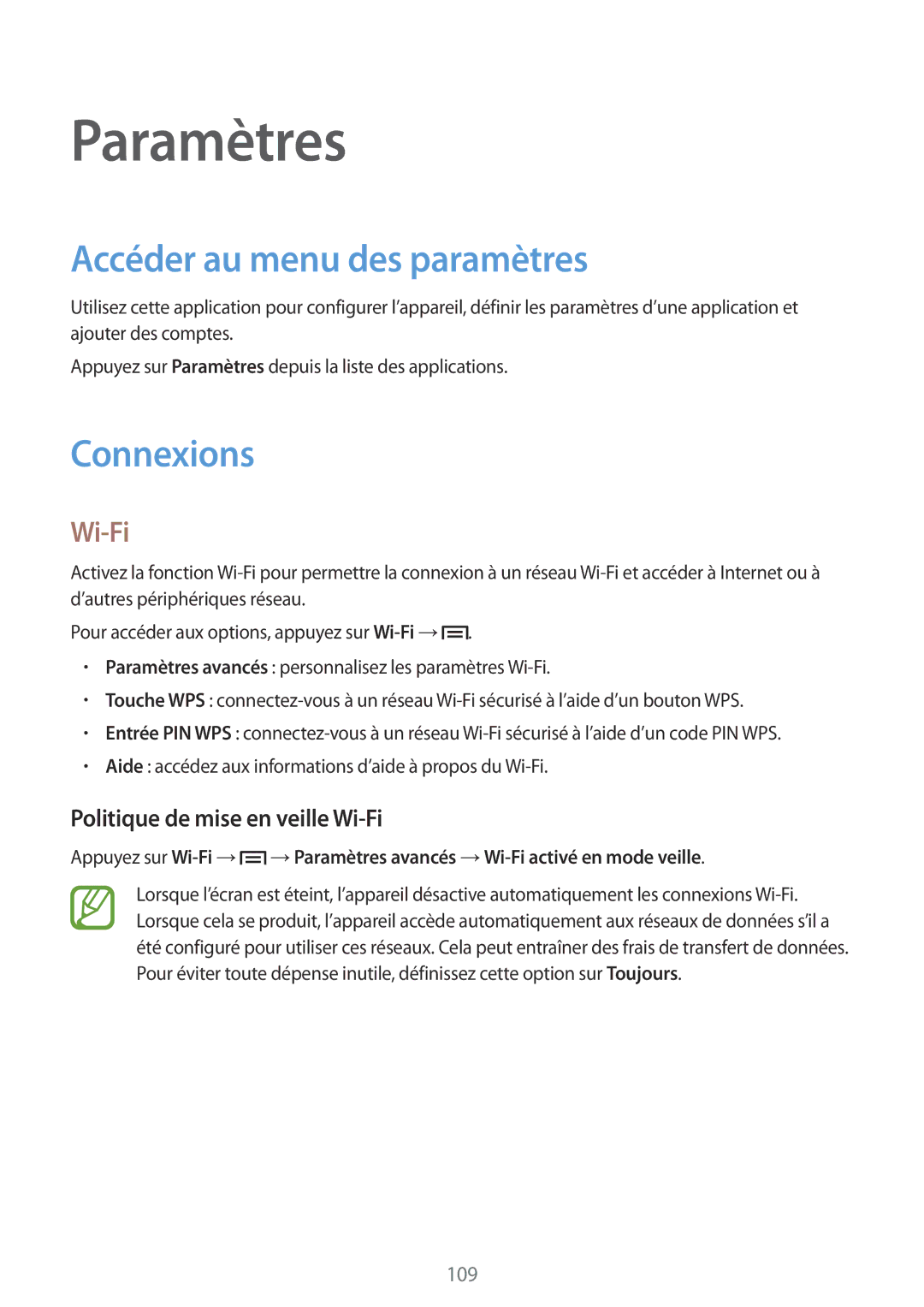 Samsung GT-I9195ZKASFR, GT-I9195ZRZXEF Accéder au menu des paramètres, Connexions, Politique de mise en veille Wi-Fi 