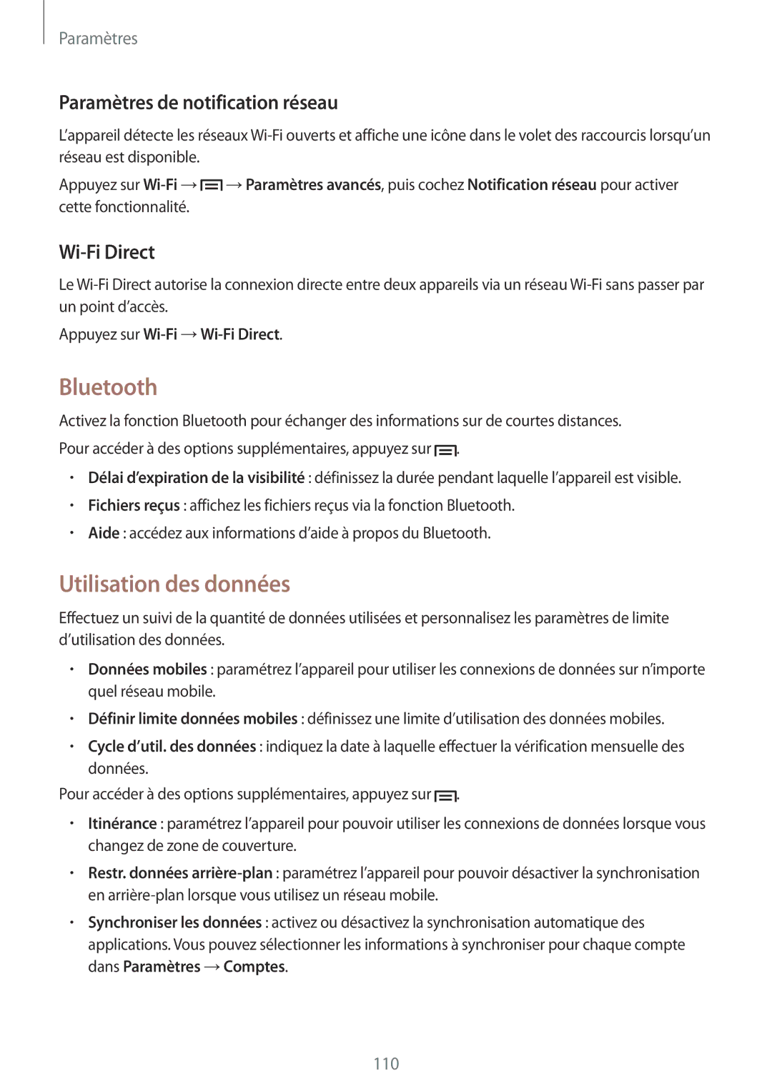 Samsung GT-I9195ZKANRJ, GT-I9195ZRZXEF Bluetooth, Utilisation des données, Paramètres de notification réseau, Wi-Fi Direct 