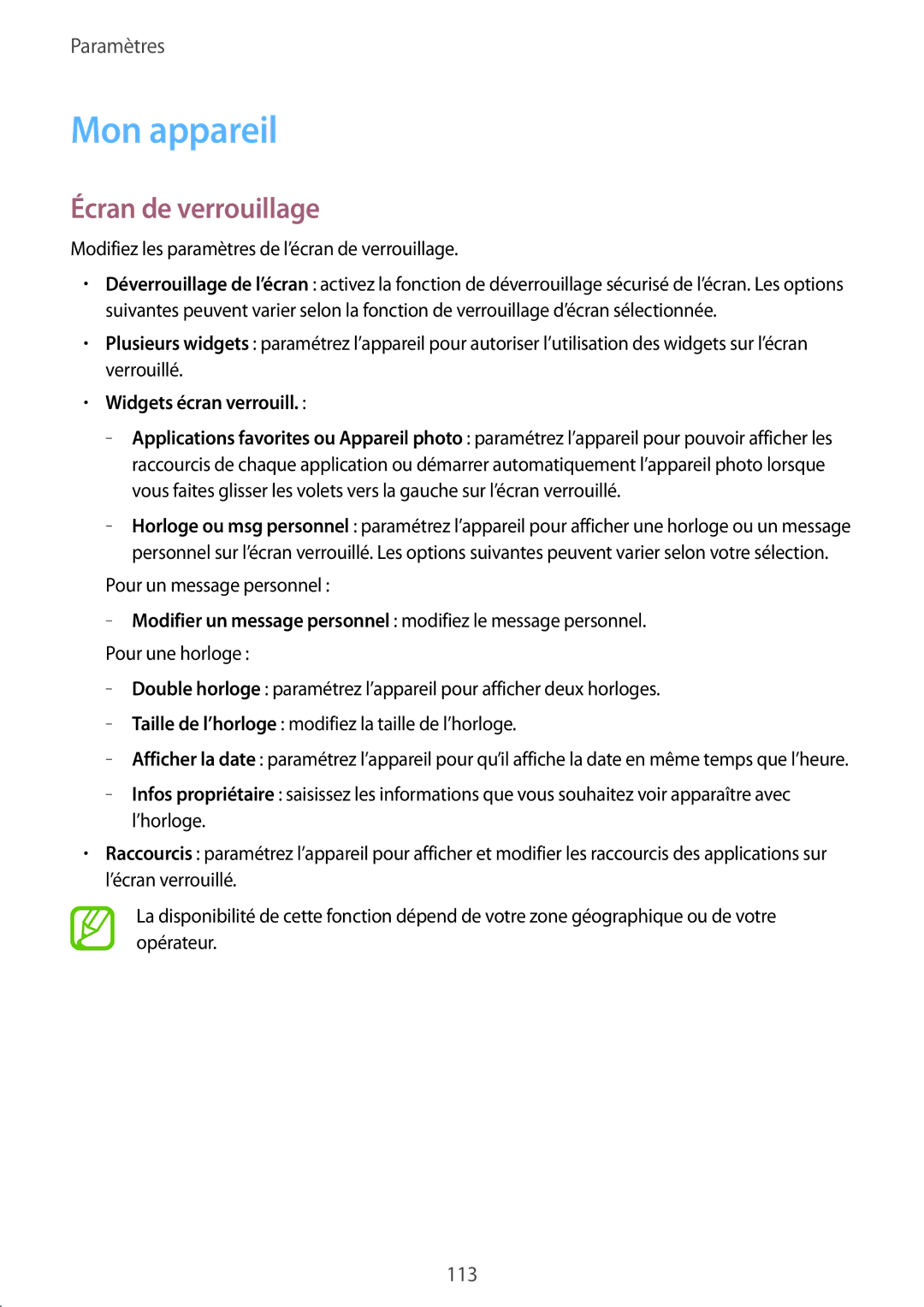 Samsung GT-I9195ZWAFTM, GT-I9195ZRZXEF, GT-I9195ZKASFR manual Mon appareil, Écran de verrouillage, Widgets écran verrouill 