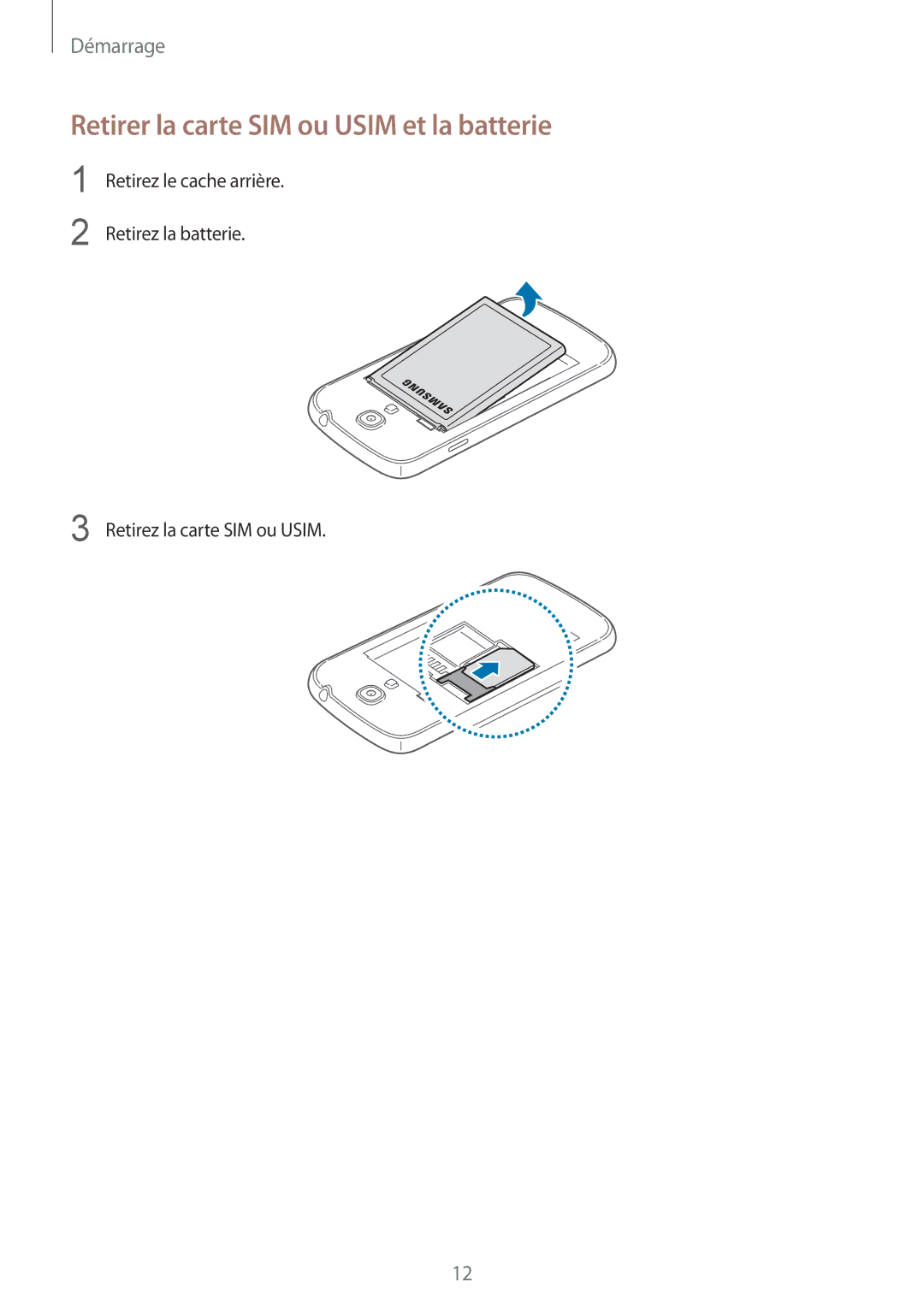 Samsung GT-I9195ZWANRJ, GT-I9195ZRZXEF, GT-I9195ZKASFR, GT-I9195ZKANRJ manual Retirer la carte SIM ou Usim et la batterie 