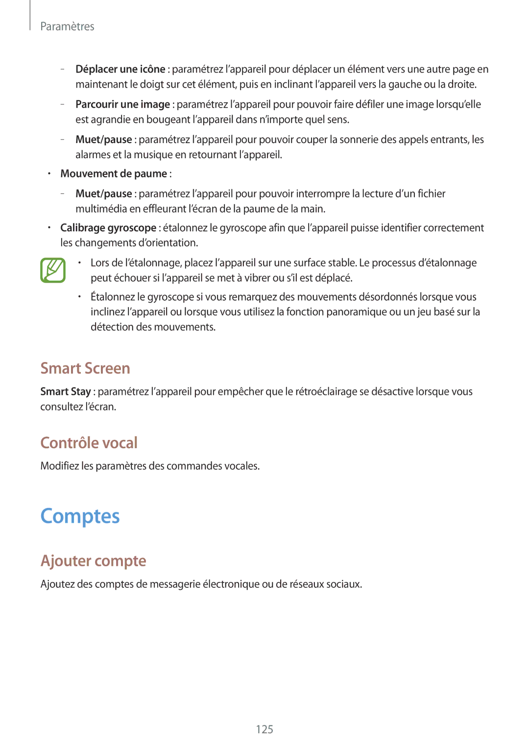 Samsung GT-I9195ZWABOG, GT-I9195ZRZXEF manual Comptes, Smart Screen, Contrôle vocal, Ajouter compte, Mouvement de paume 