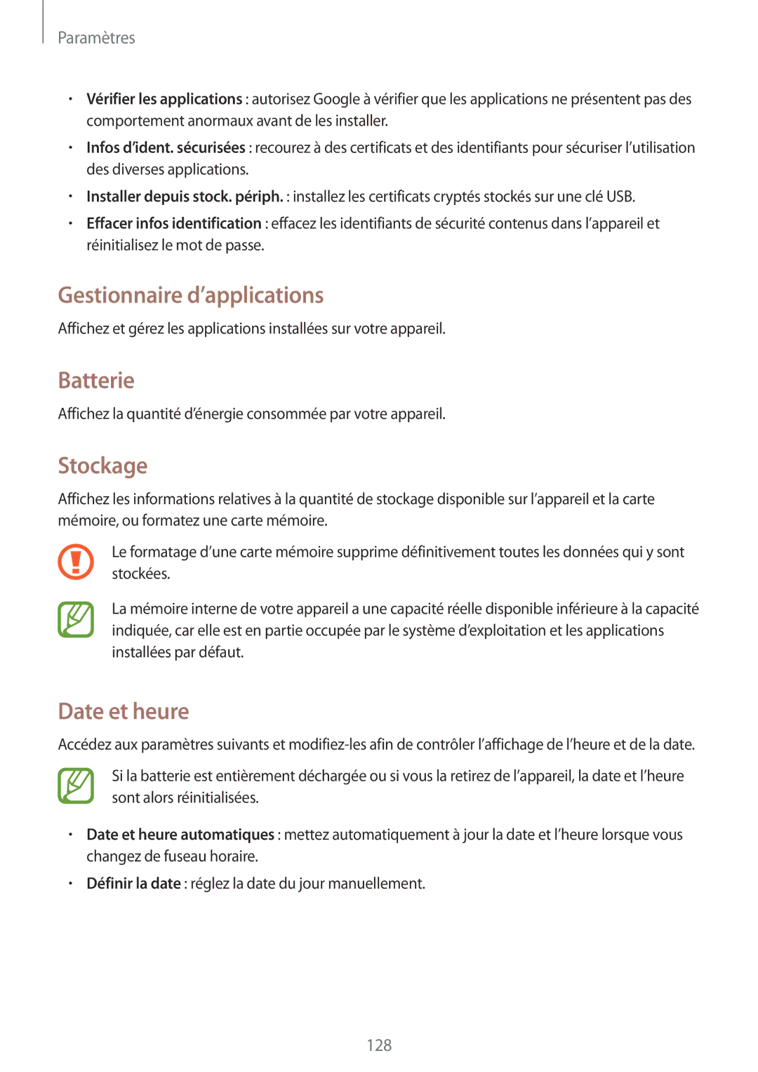 Samsung GT-I9195ZKANRJ, GT-I9195ZRZXEF, GT-I9195ZKASFR manual Gestionnaire d’applications, Batterie, Stockage, Date et heure 