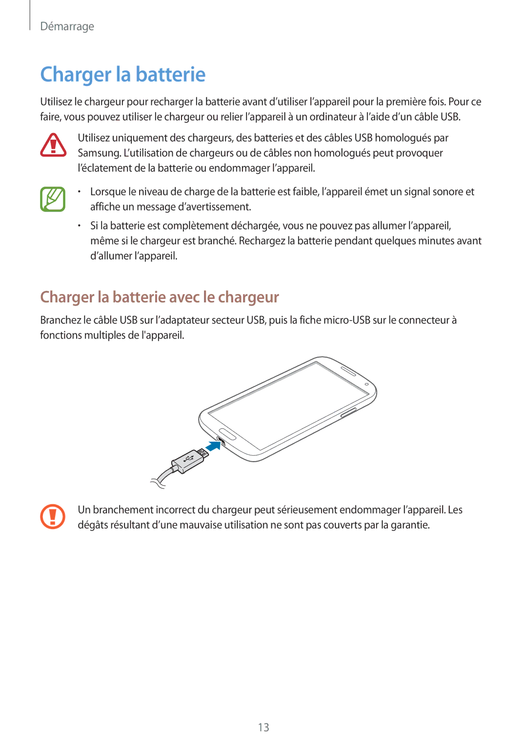 Samsung GT-I9195ZRAXEF, GT-I9195ZRZXEF, GT-I9195ZKASFR, GT-I9195ZKANRJ manual Charger la batterie avec le chargeur 