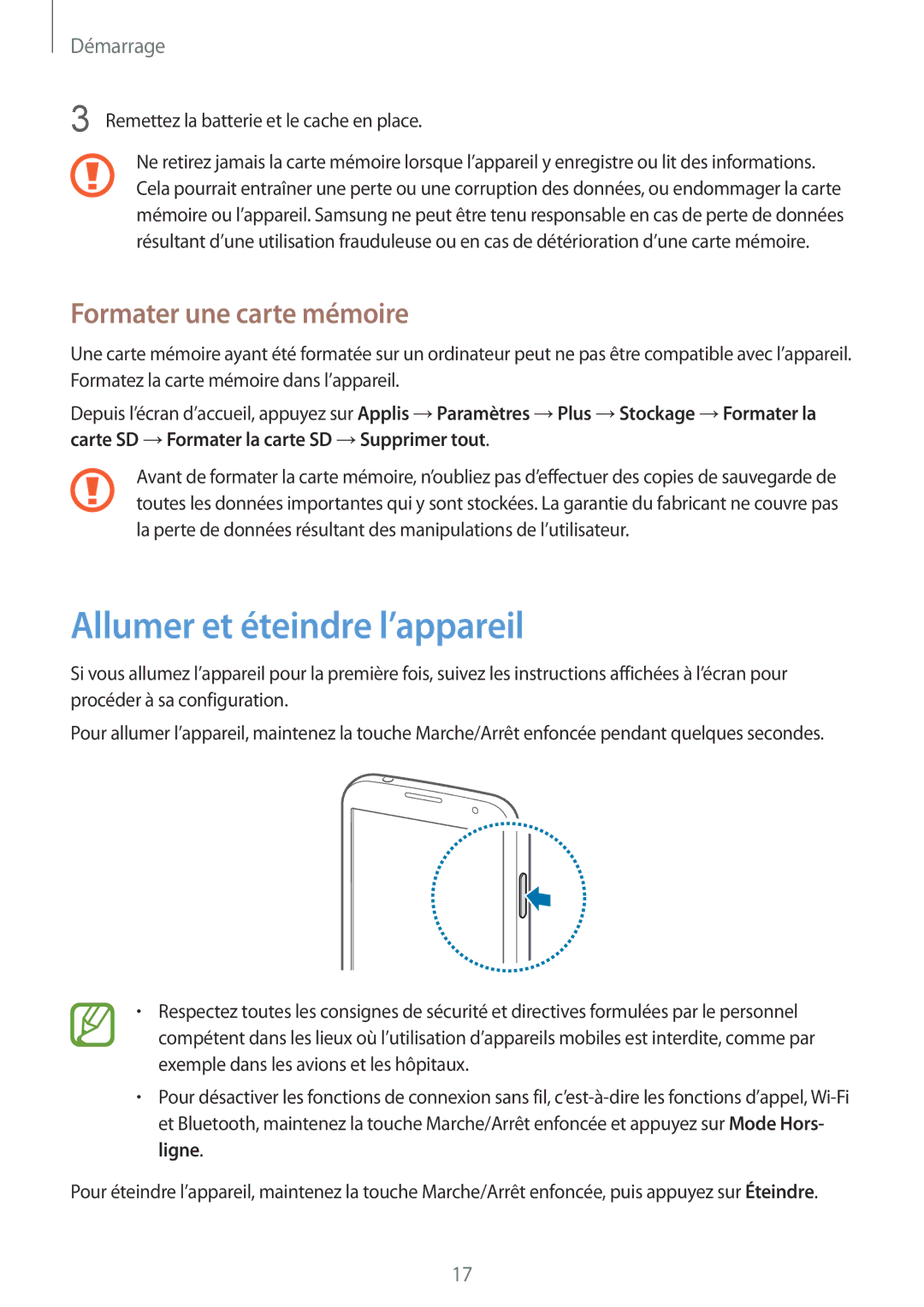 Samsung GT-I9195ZWABOG, GT-I9195ZRZXEF, GT-I9195ZKASFR manual Allumer et éteindre l’appareil, Formater une carte mémoire 