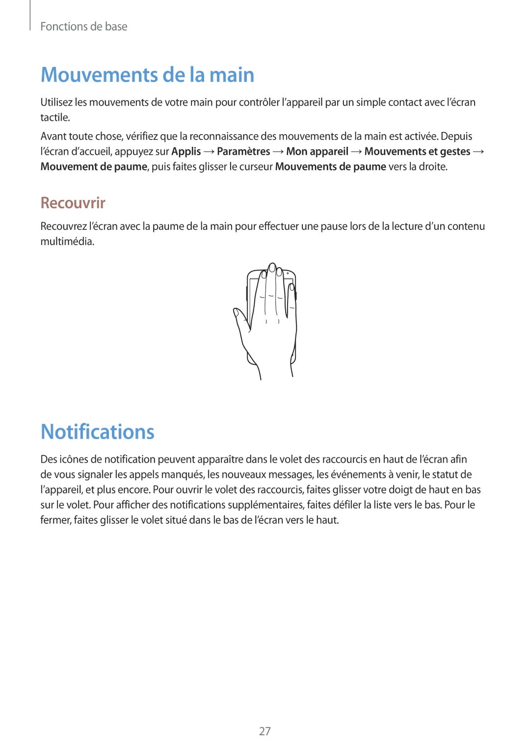 Samsung GT-I9195ZKABOG, GT-I9195ZRZXEF, GT-I9195ZKASFR, GT-I9195ZKANRJ manual Mouvements de la main, Notifications, Recouvrir 