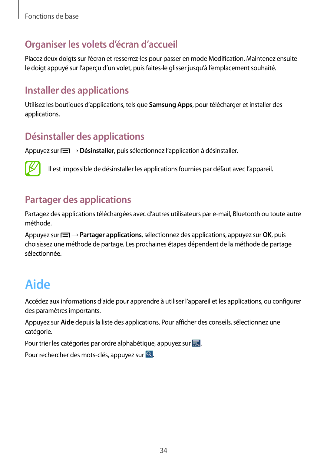 Samsung GT-I9195ZWAXEF manual Aide, Installer des applications, Désinstaller des applications, Partager des applications 