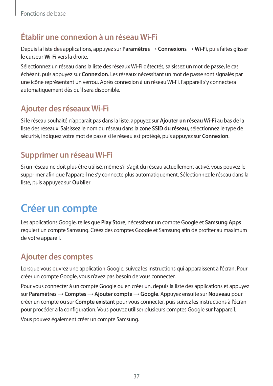 Samsung GT-I9195ZKASFR, GT-I9195ZRZXEF Créer un compte, Établir une connexion à un réseau Wi-Fi, Ajouter des réseaux Wi-Fi 