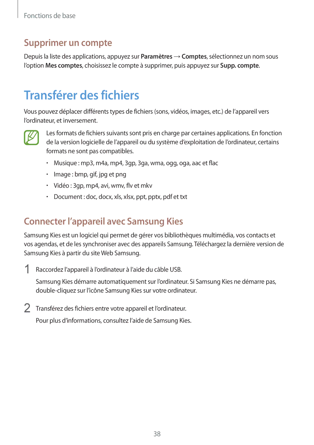 Samsung GT-I9195ZKANRJ manual Transférer des fichiers, Supprimer un compte, Connecter l’appareil avec Samsung Kies 