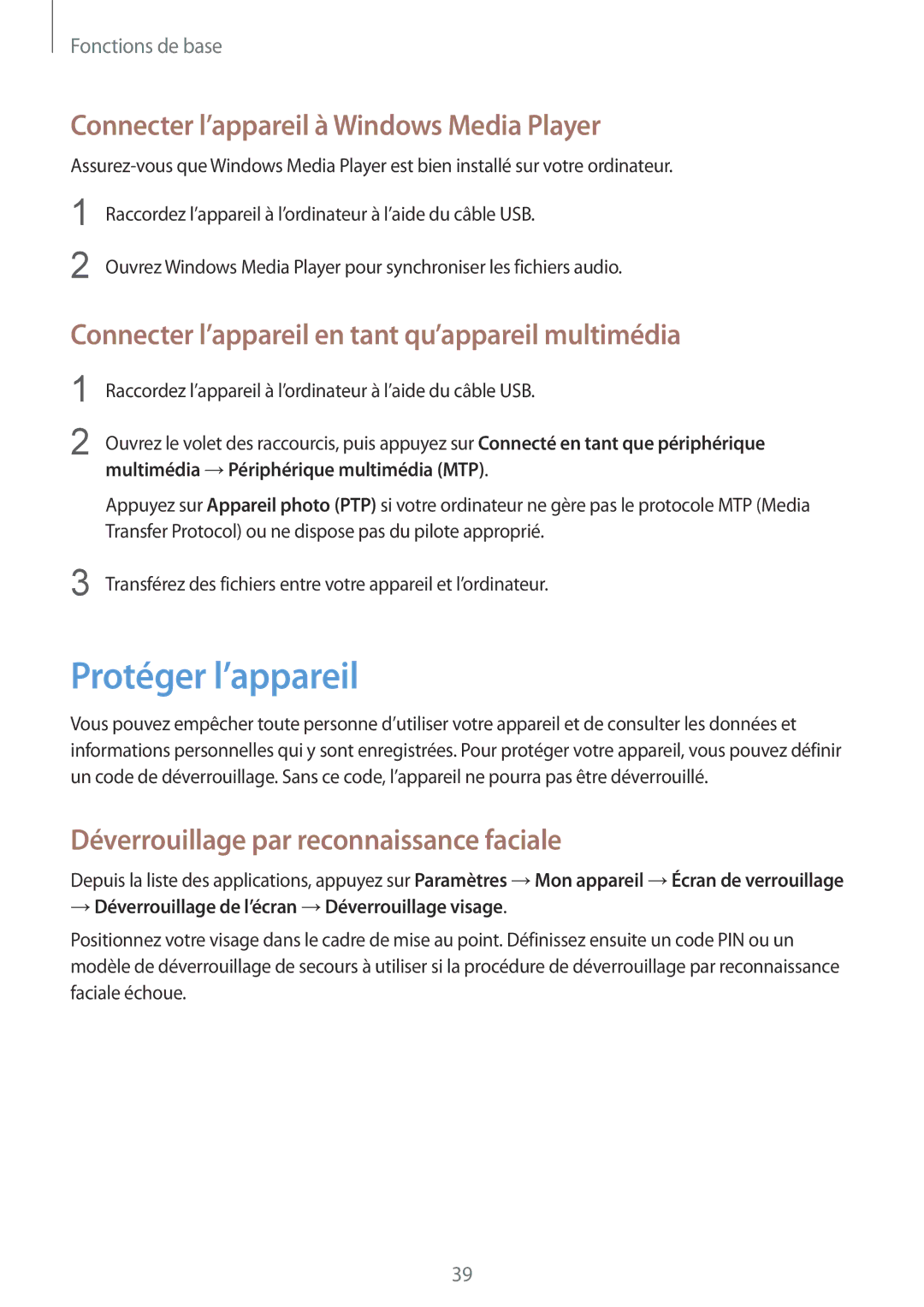 Samsung GT-I9195ZWIXEF, GT-I9195ZRZXEF, GT-I9195ZKASFR Protéger l’appareil, Connecter l’appareil à Windows Media Player 