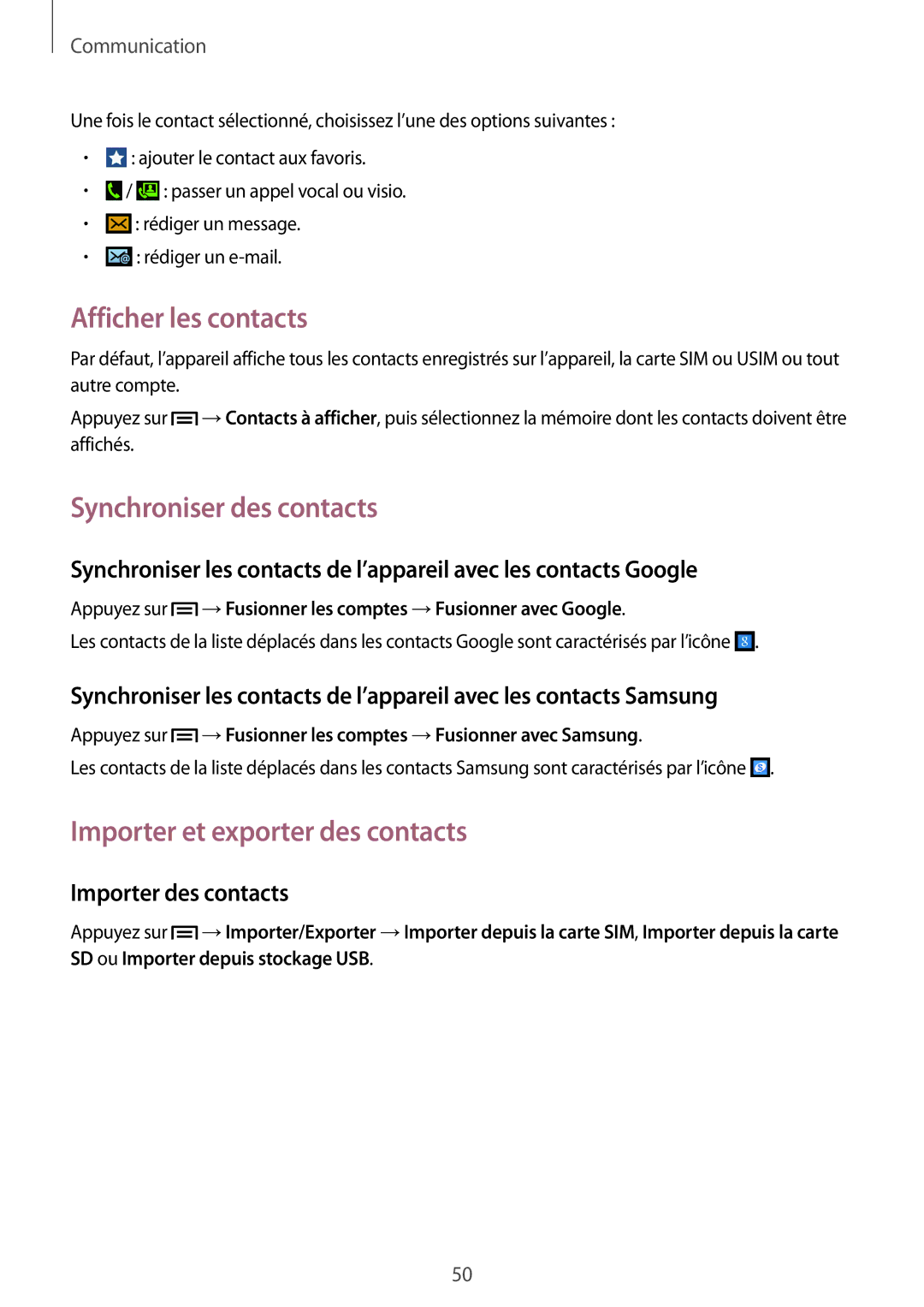 Samsung GT-I9195DKYSFR, GT-I9195ZRZXEF Afficher les contacts, Synchroniser des contacts, Importer et exporter des contacts 