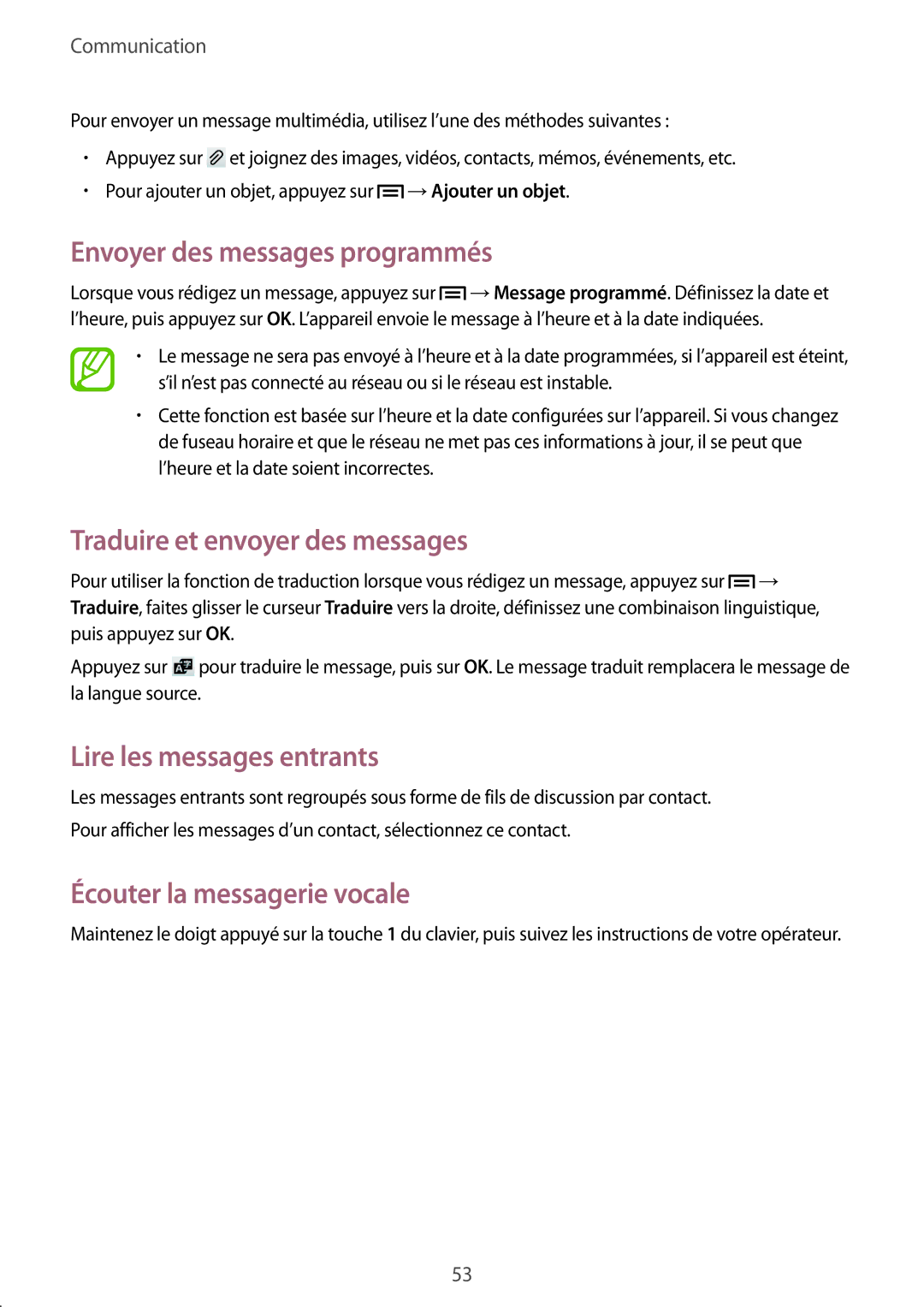 Samsung GT-I9195ZWABOG manual Envoyer des messages programmés, Traduire et envoyer des messages, Lire les messages entrants 