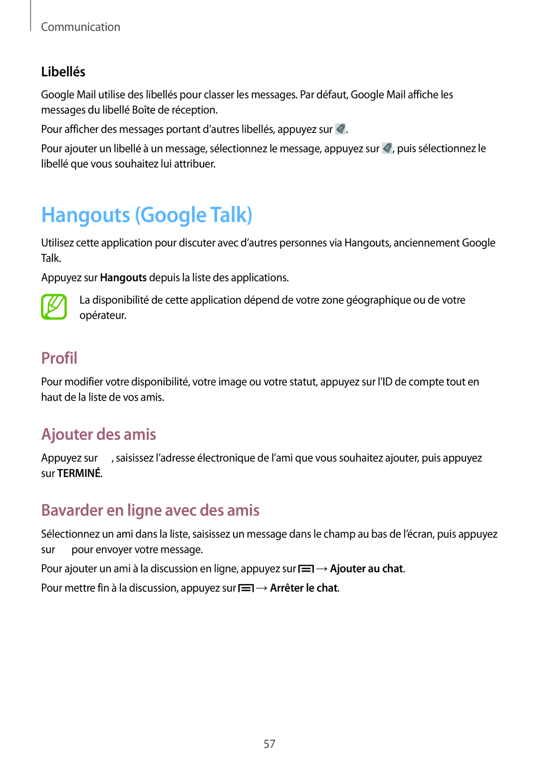 Samsung GT-I9195ZWIXEF manual Hangouts Google Talk, Profil, Ajouter des amis, Bavarder en ligne avec des amis, Libellés 