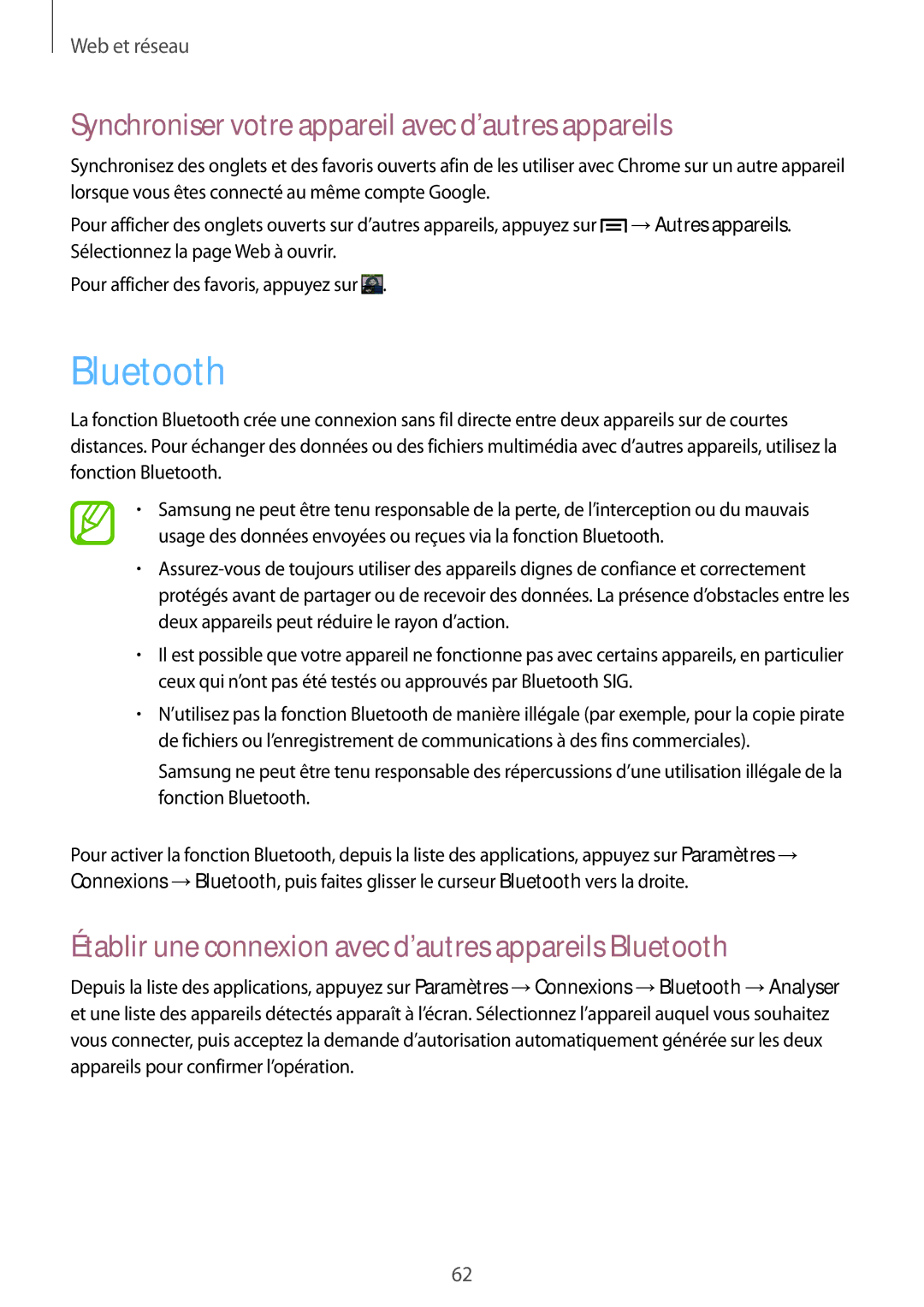 Samsung GT-I9195ZKIXEF, GT-I9195ZRZXEF, GT-I9195ZKASFR manual Bluetooth, Synchroniser votre appareil avec d’autres appareils 