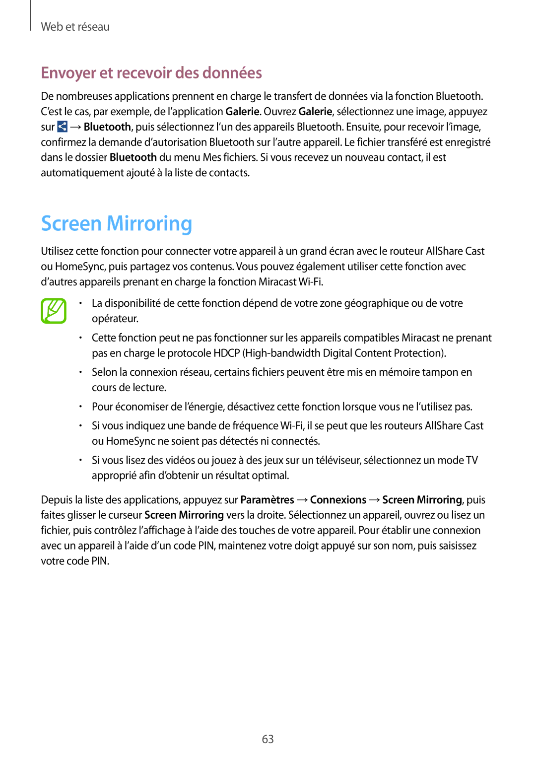 Samsung GT-I9195ZKABOG, GT-I9195ZRZXEF, GT-I9195ZKASFR, GT-I9195ZKANRJ Screen Mirroring, Envoyer et recevoir des données 