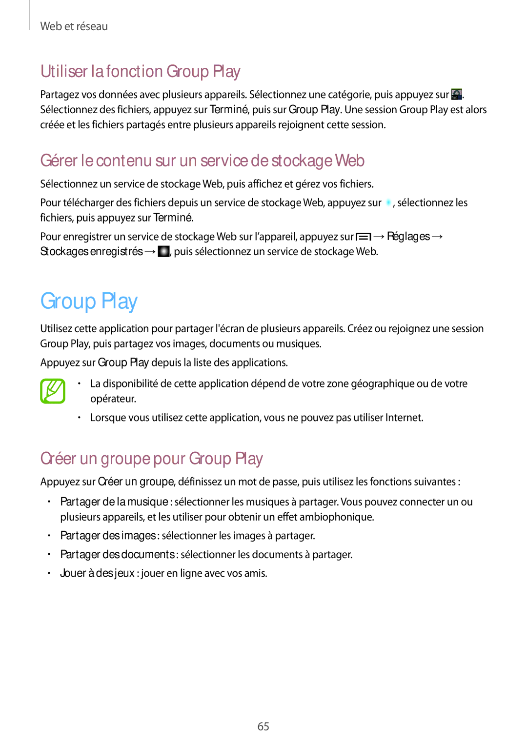 Samsung GT-I9195DKIXEF manual Utiliser la fonction Group Play, Gérer le contenu sur un service de stockage Web 