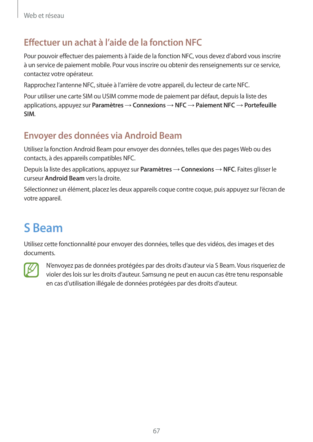 Samsung GT-I9195ZRAXEF manual Effectuer un achat à l’aide de la fonction NFC, Envoyer des données via Android Beam 