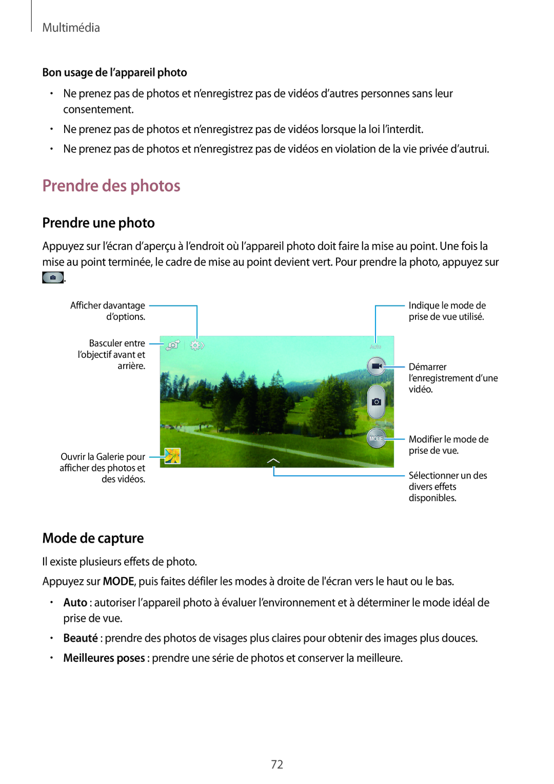 Samsung GT-I9195ZRZXEF manual Prendre des photos, Prendre une photo, Mode de capture, Bon usage de l’appareil photo 