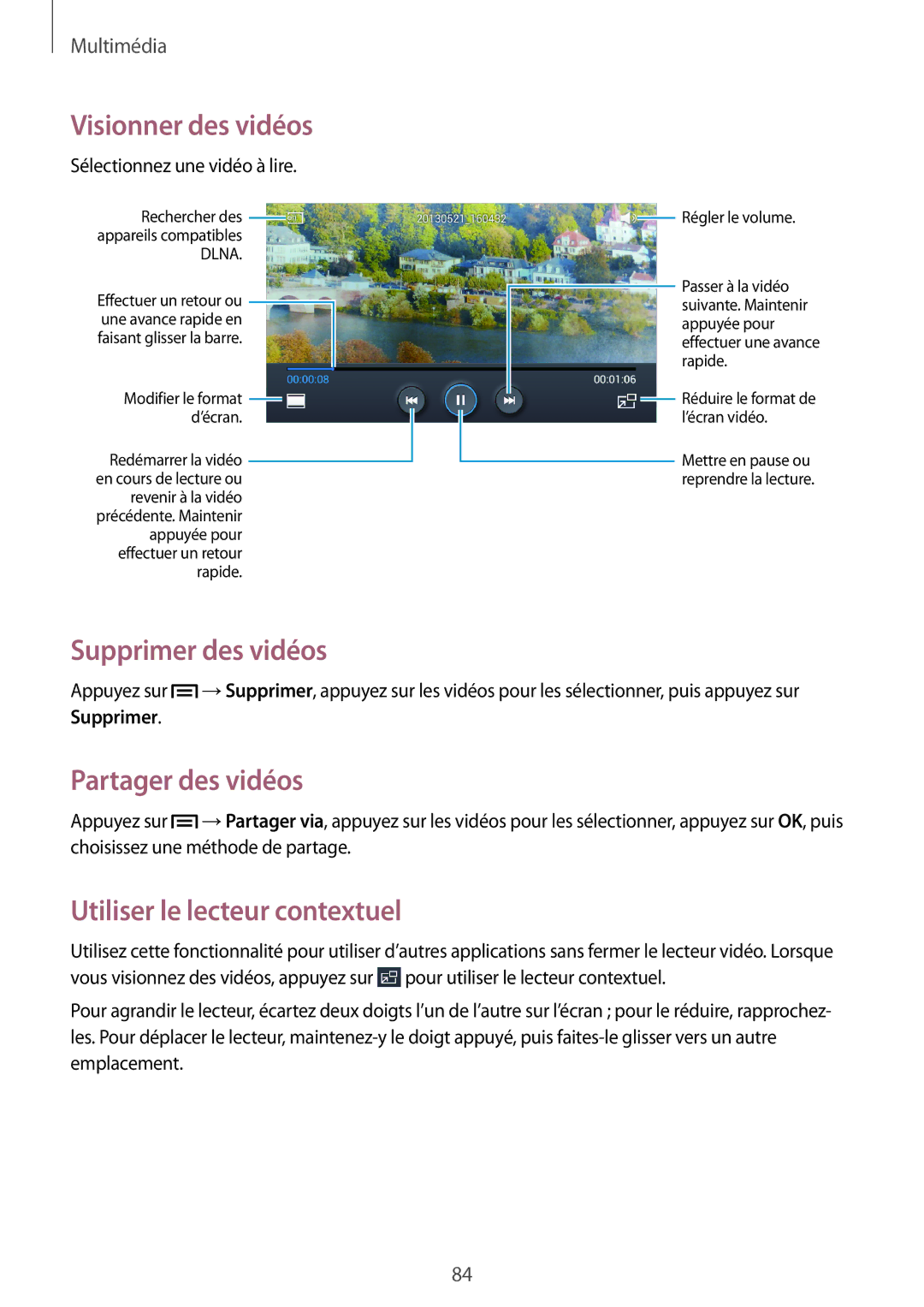 Samsung GT-I9195ZWANRJ, GT-I9195ZRZXEF manual Supprimer des vidéos, Partager des vidéos, Utiliser le lecteur contextuel 