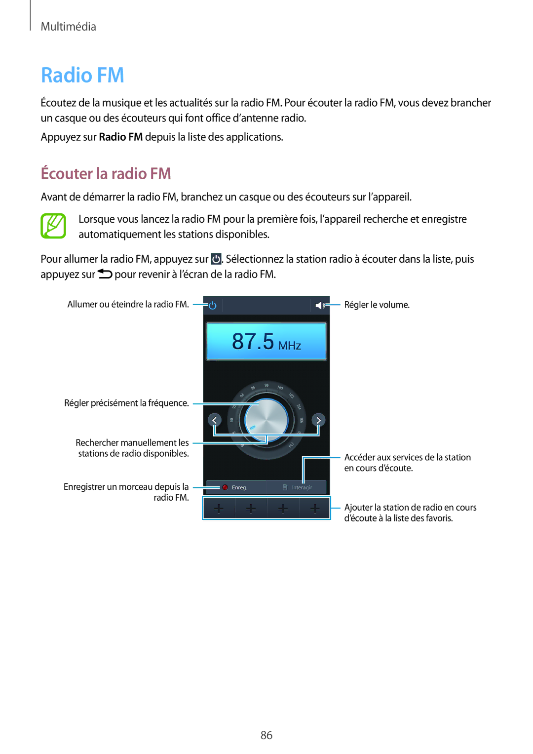 Samsung GT-I9195DKYSFR, GT-I9195ZRZXEF, GT-I9195ZKASFR, GT-I9195ZKANRJ, GT-I9195ZWIXEF manual Radio FM, Écouter la radio FM 