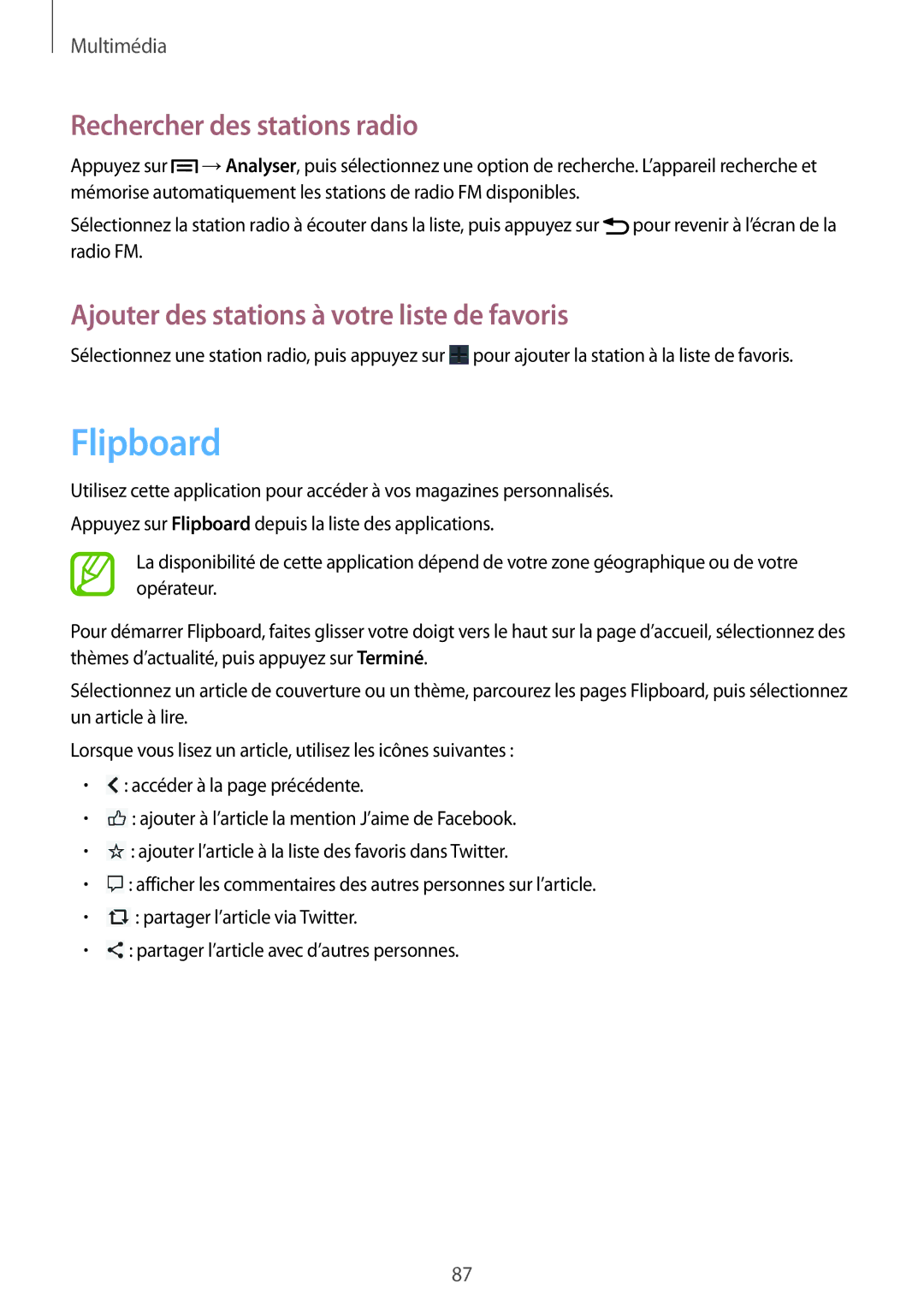 Samsung GT-I9195ZKAFTM manual Flipboard, Rechercher des stations radio, Ajouter des stations à votre liste de favoris 