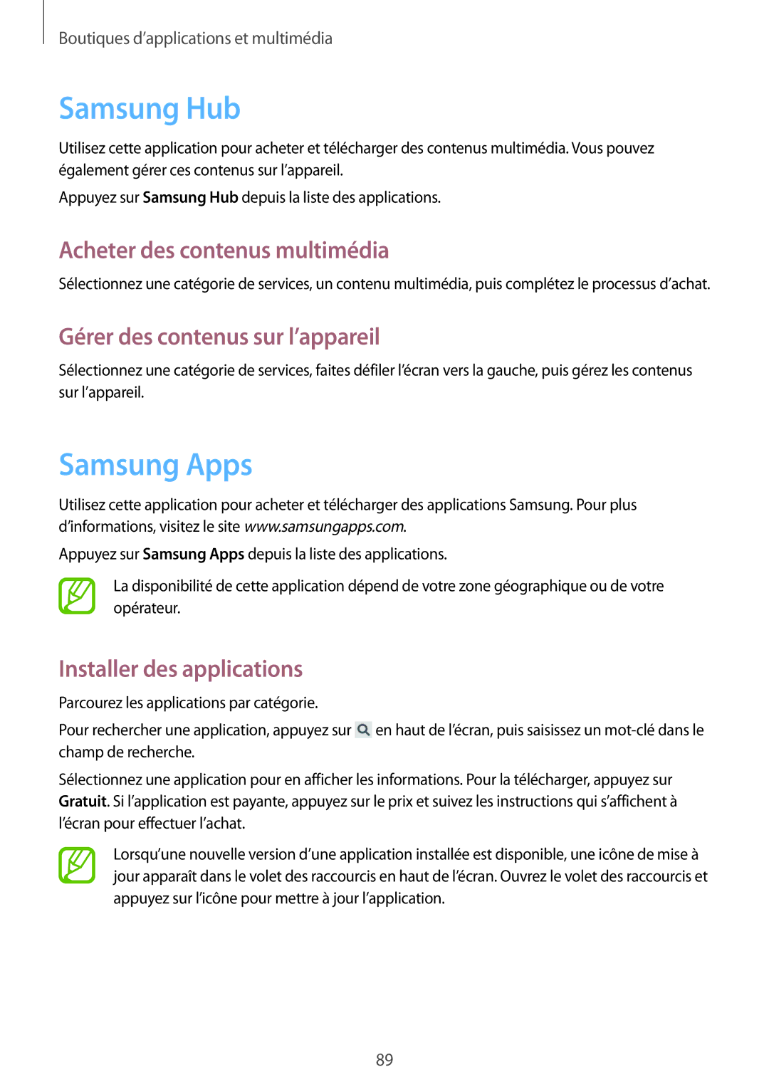 Samsung GT-I9195ZWABOG manual Samsung Hub, Samsung Apps, Acheter des contenus multimédia, Gérer des contenus sur l’appareil 